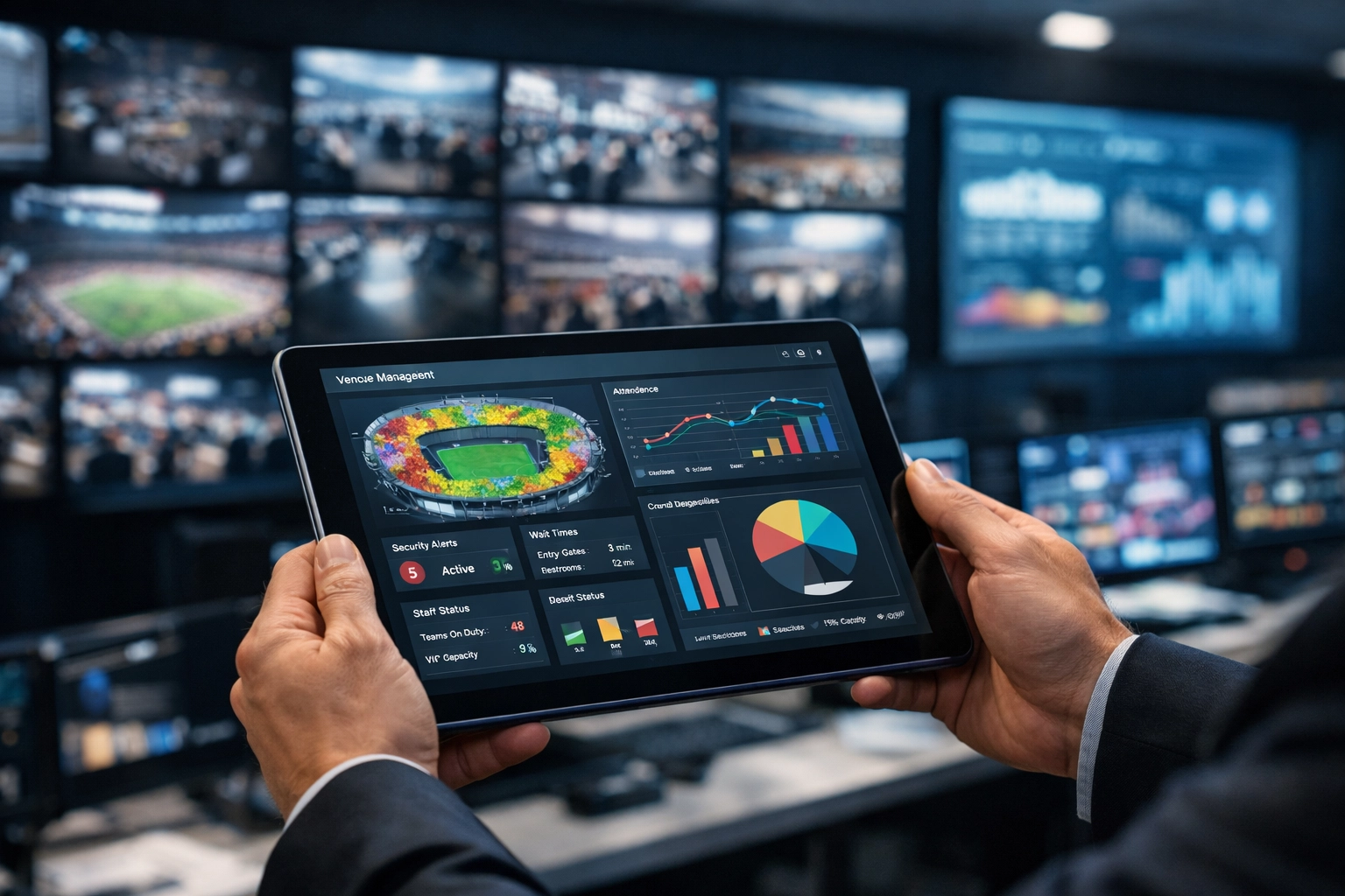 Venue manager using a real-time data dashboard on a tablet for integrated digital venue management.
