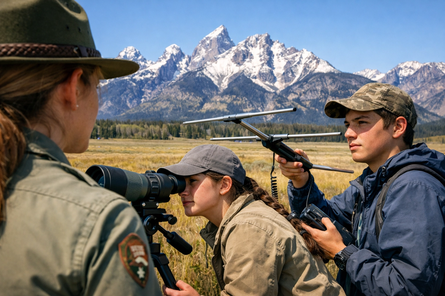 Students working with a park scientist to track wildlife in Yellowstone as part of a service-learning trip.
