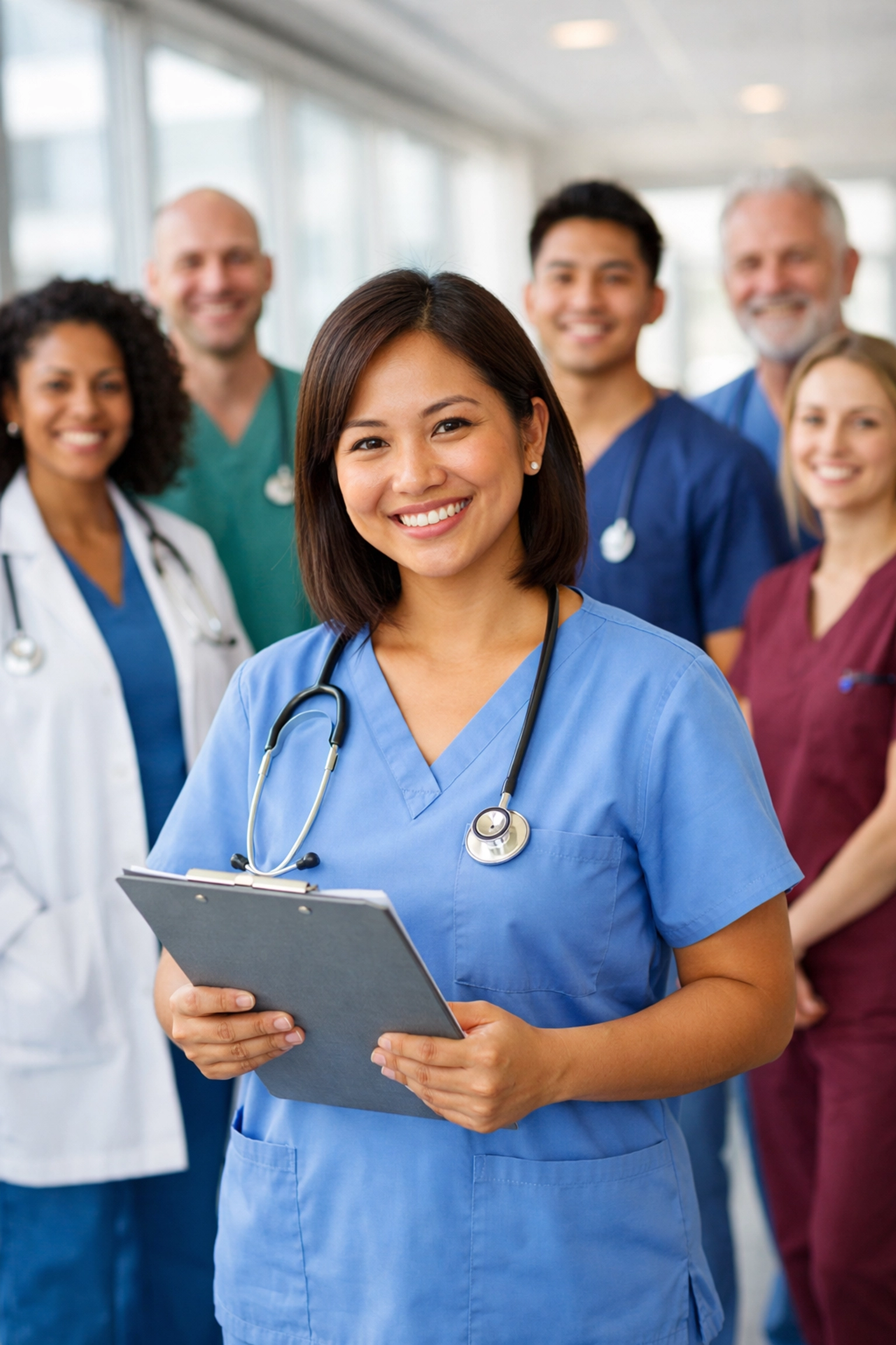 Filipino nurse and diverse NHS healthcare team in UK hospital