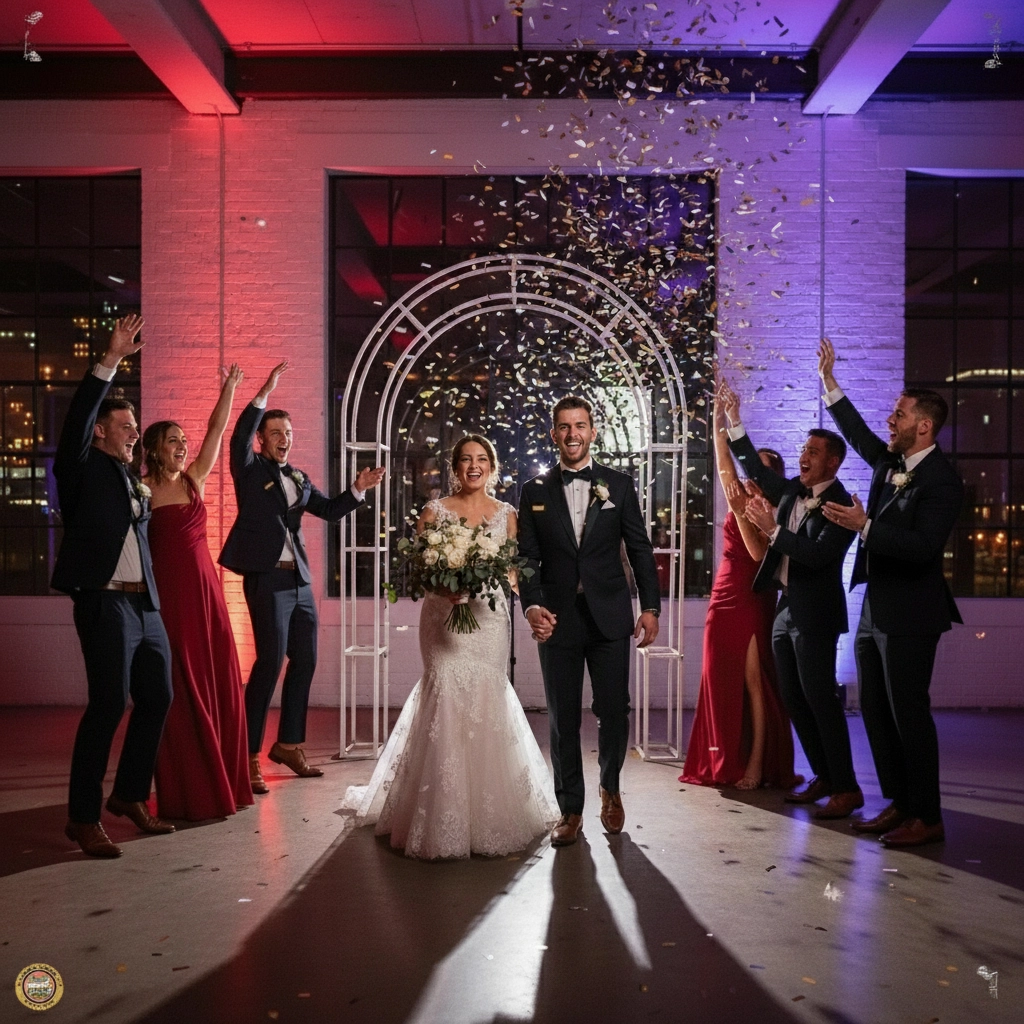 Couple is married and everyone cheering because wedding DJ in Houston, Texas