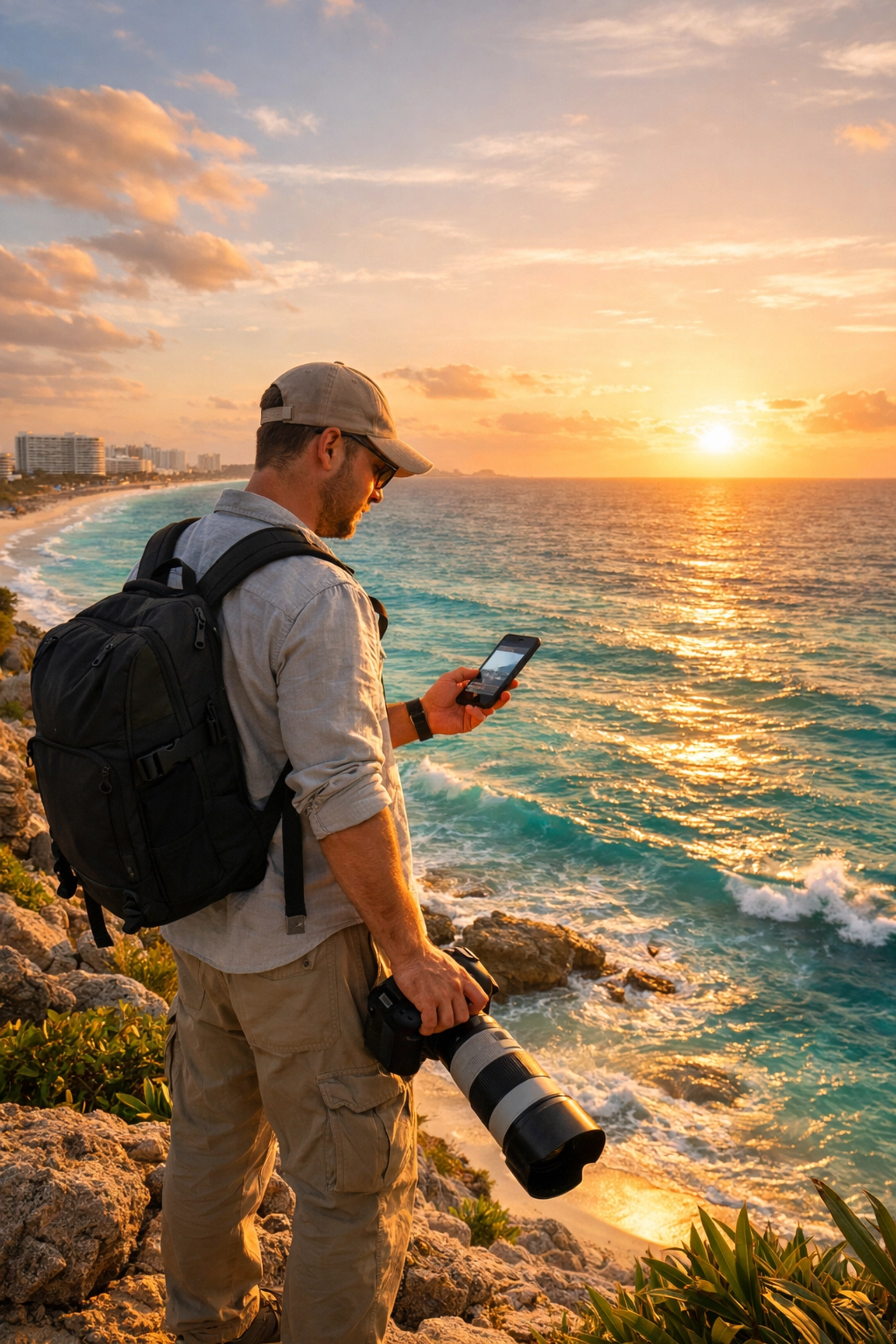 A traveling photographer booking a new gig in Cancun while overlooking the tropical coastline.