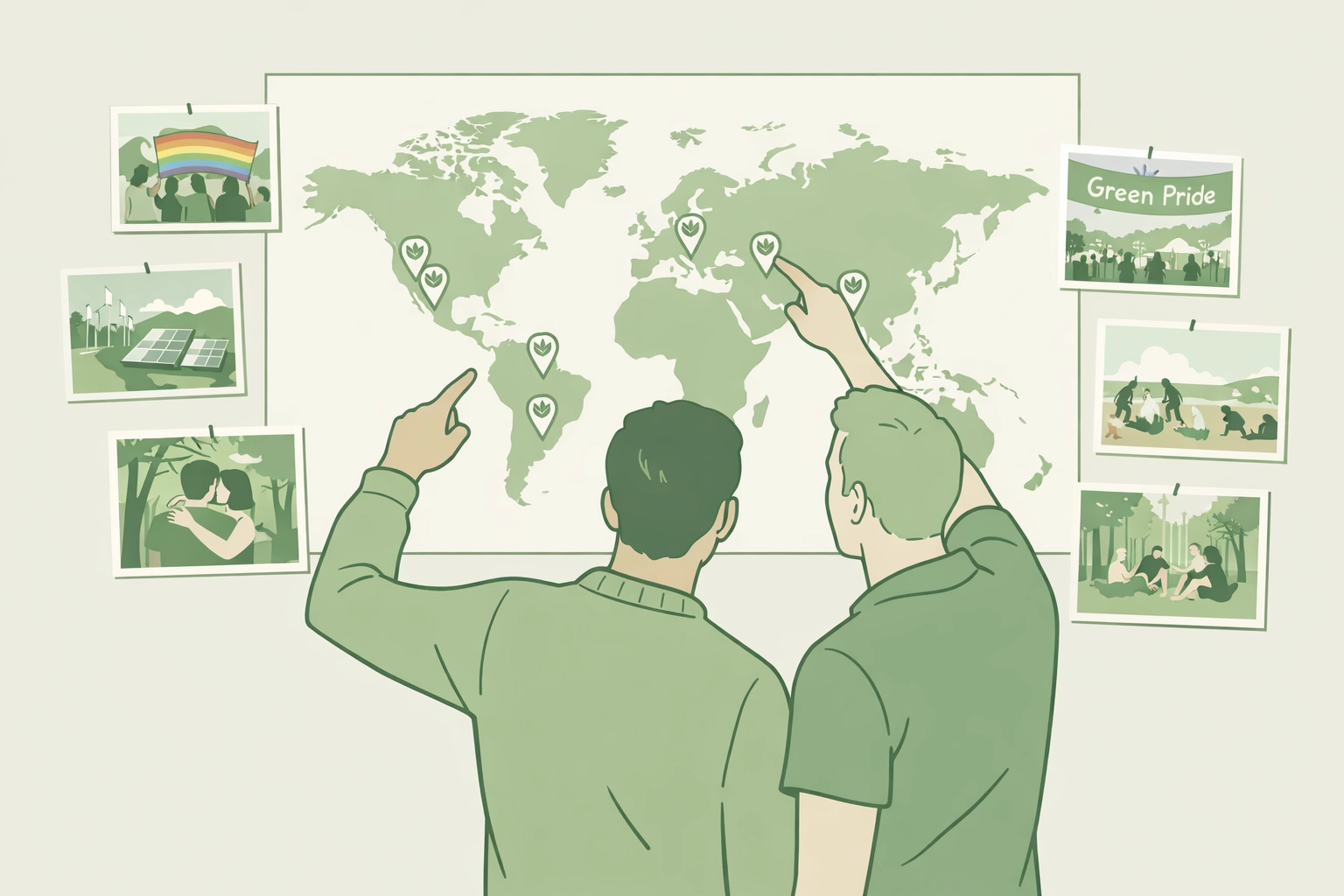 Two men exploring global eco-conscious LGBTQ+ party locations on world map
