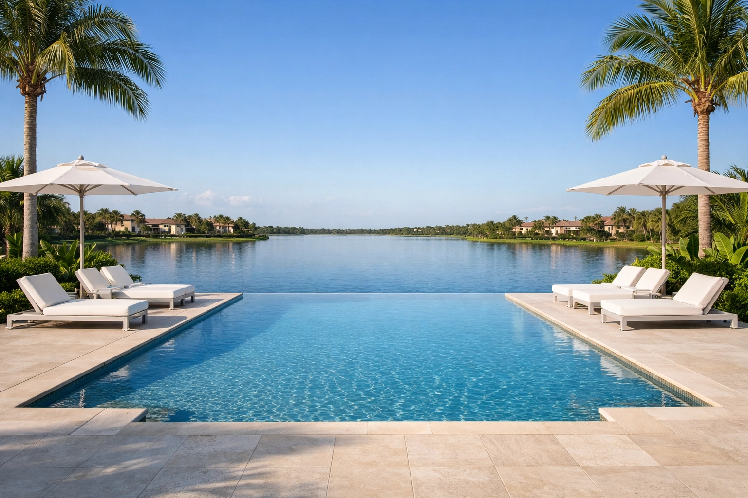 Resort-style infinity pool overlooking a lake in a gated Cape Coral community.