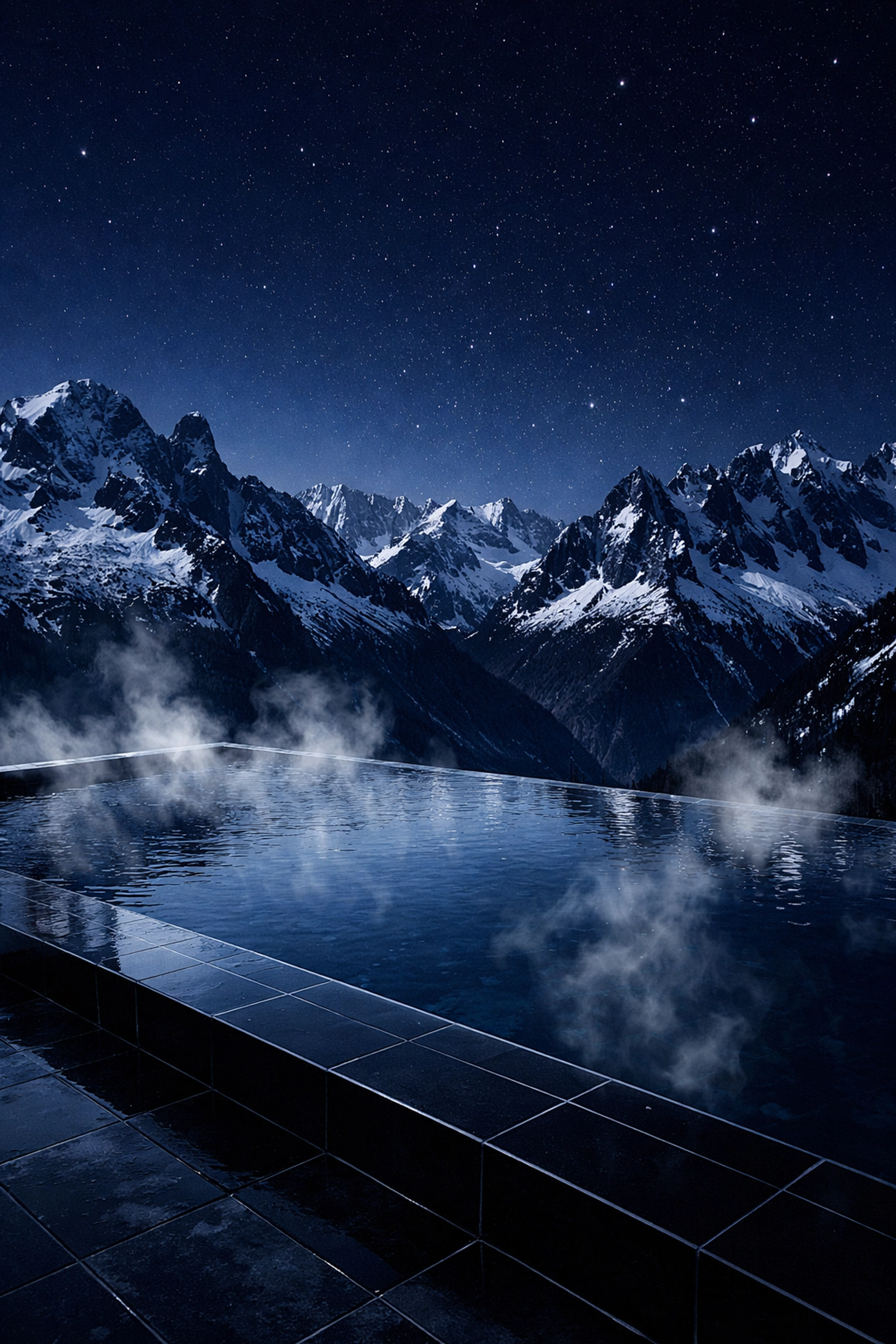 Modern infinity pool overlooking snow-capped peaks at a unique sustainable luxury destination.