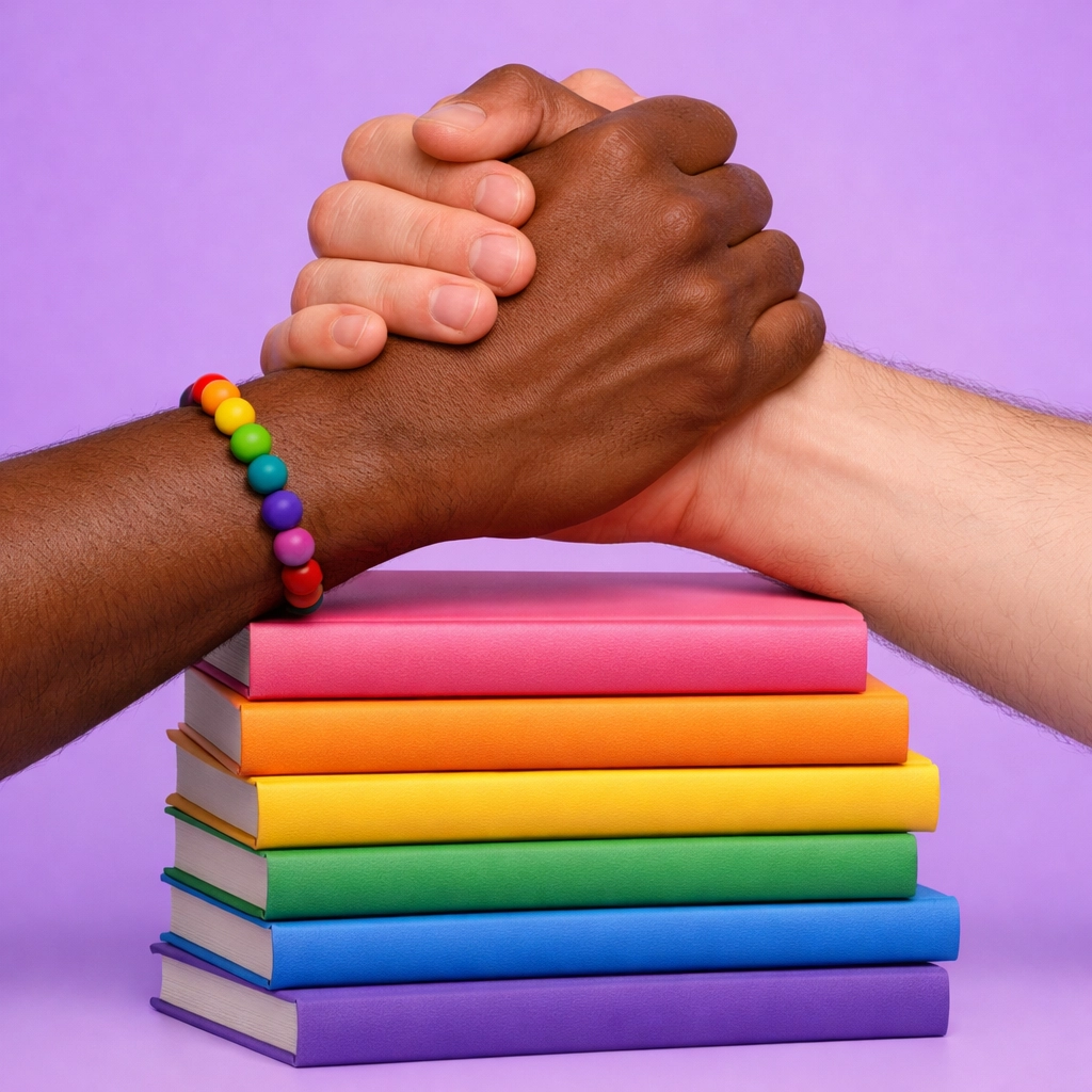 Author hands clasping over a stack of LGBTQ+ ebooks representing a supportive publishing community.