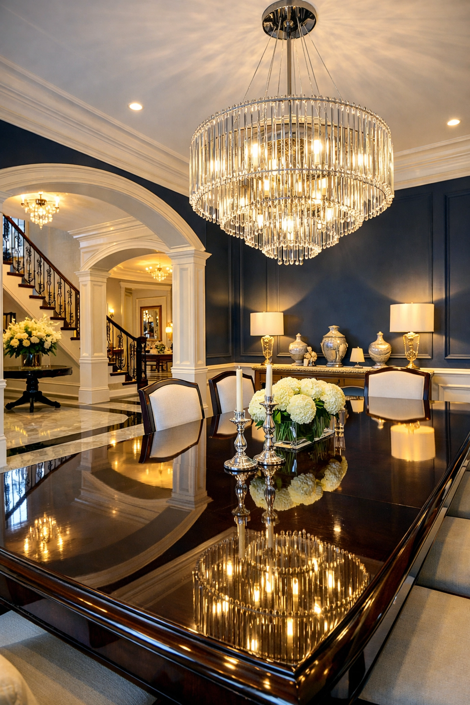 Polished dining room in a Bolton estate featuring mirror-finish wood surfaces and expert detailed cleaning.