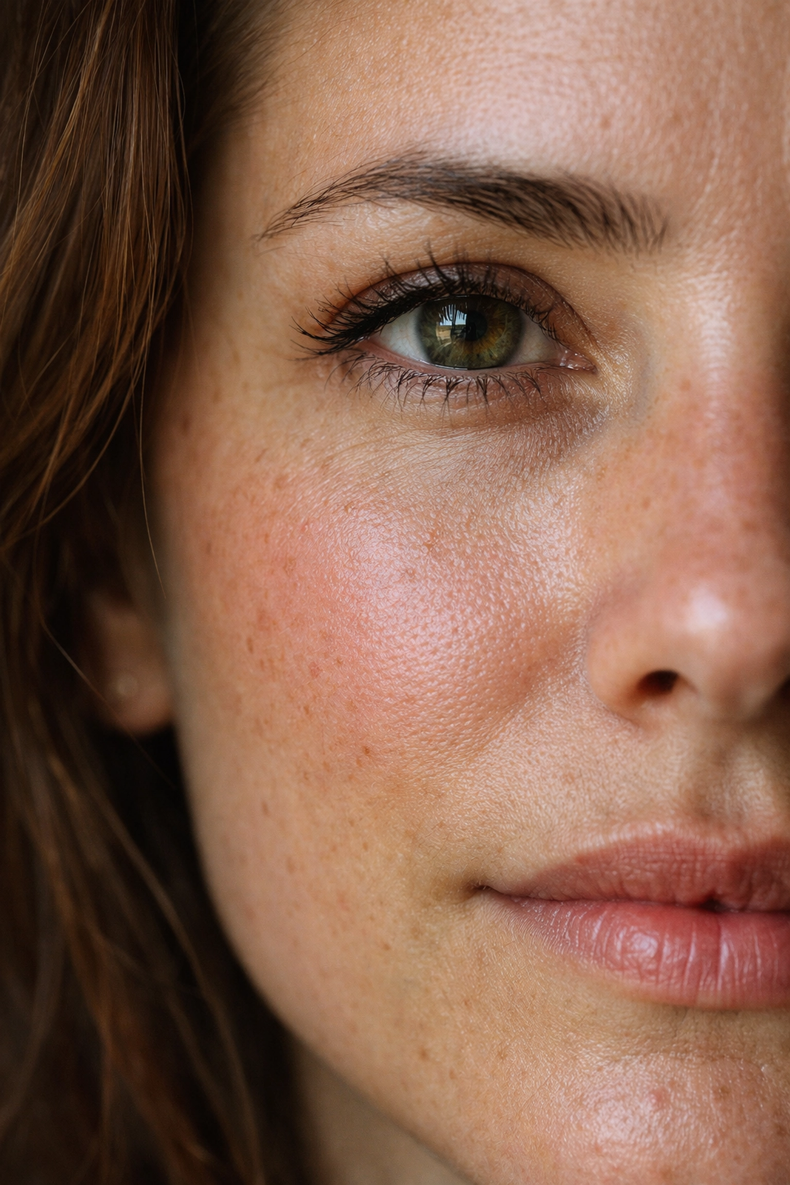 Close-up portrait showing authentic skin texture and natural photo editing without over-smoothing.