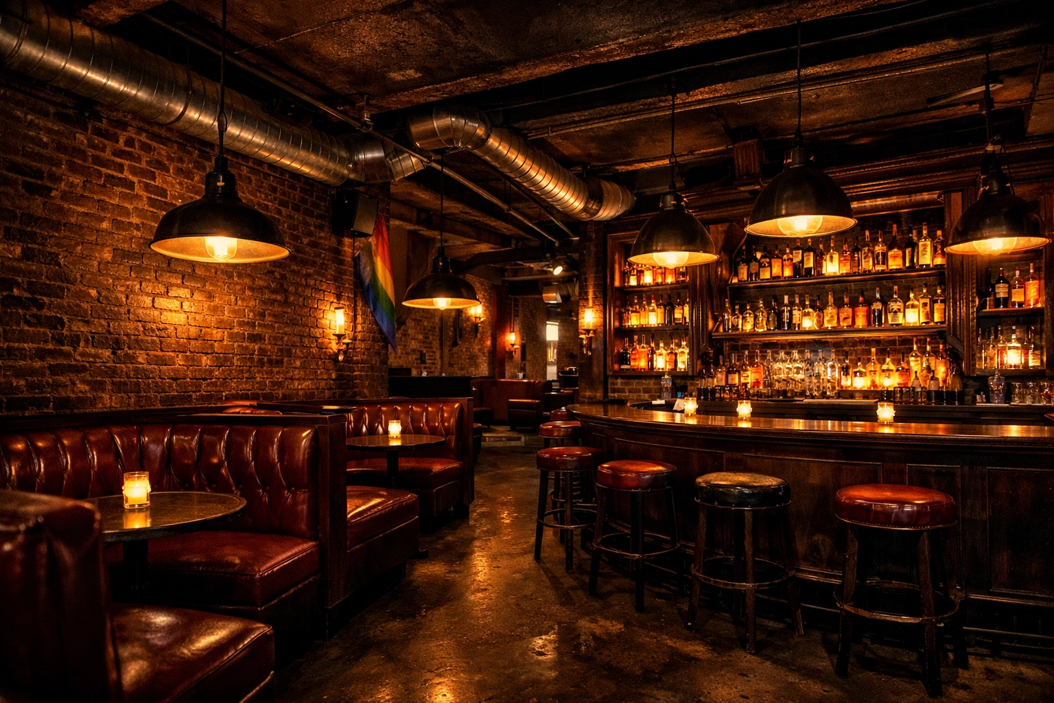 Empty gay bar interior with intimate booths and warm lighting perfect for MM romance stories