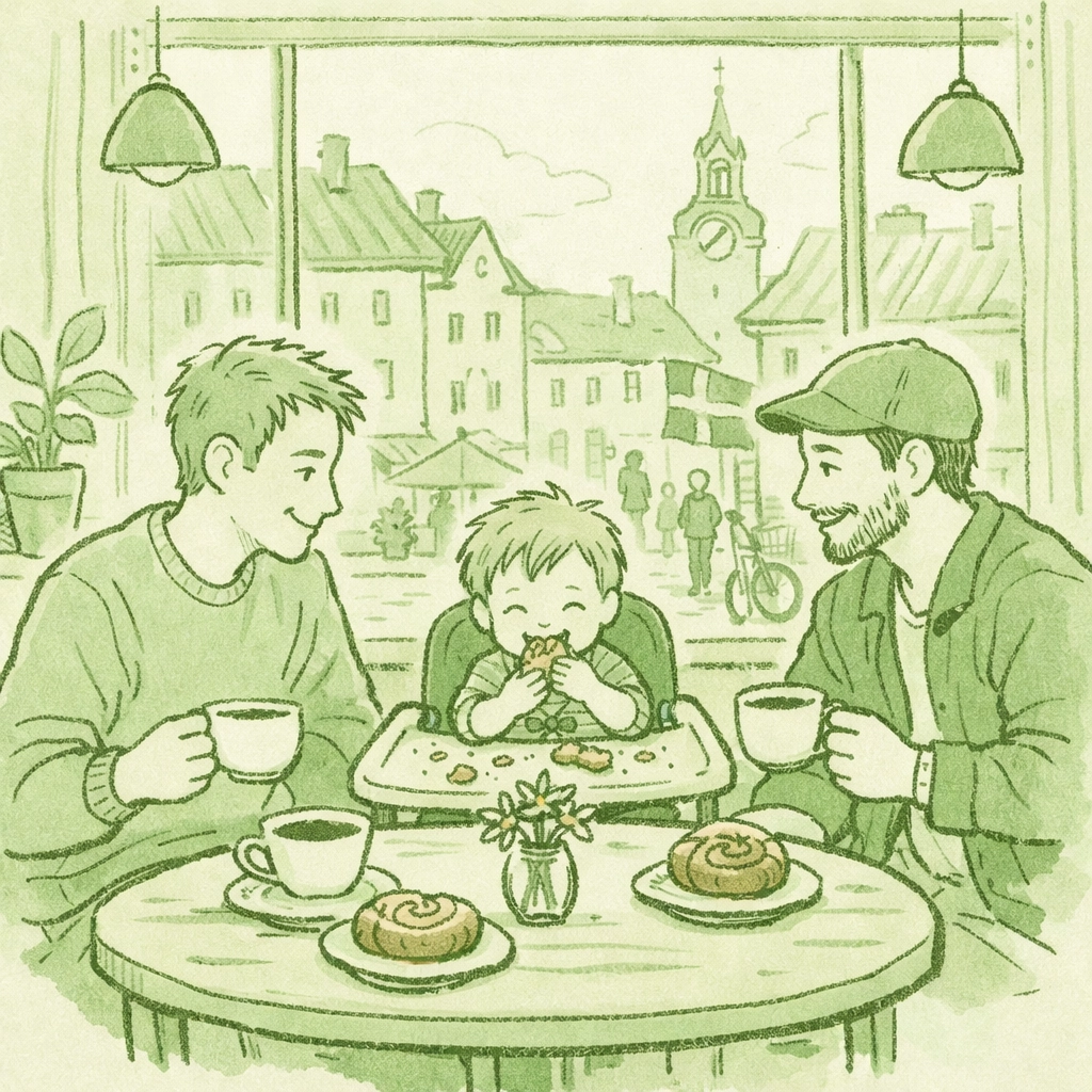 Gay fathers sharing fika with toddler in Stockholm café, Swedish rainbow family tradition
