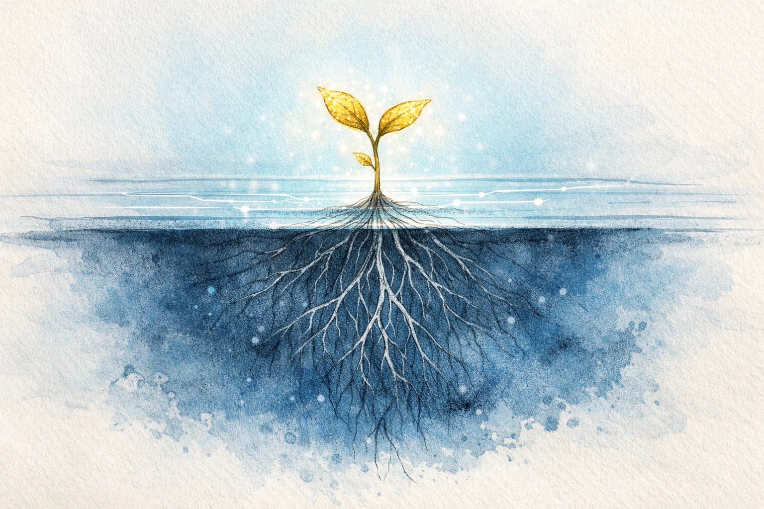 A golden plant sprout growing from a digital surface, symbolizing stewardship of Gospel content online.