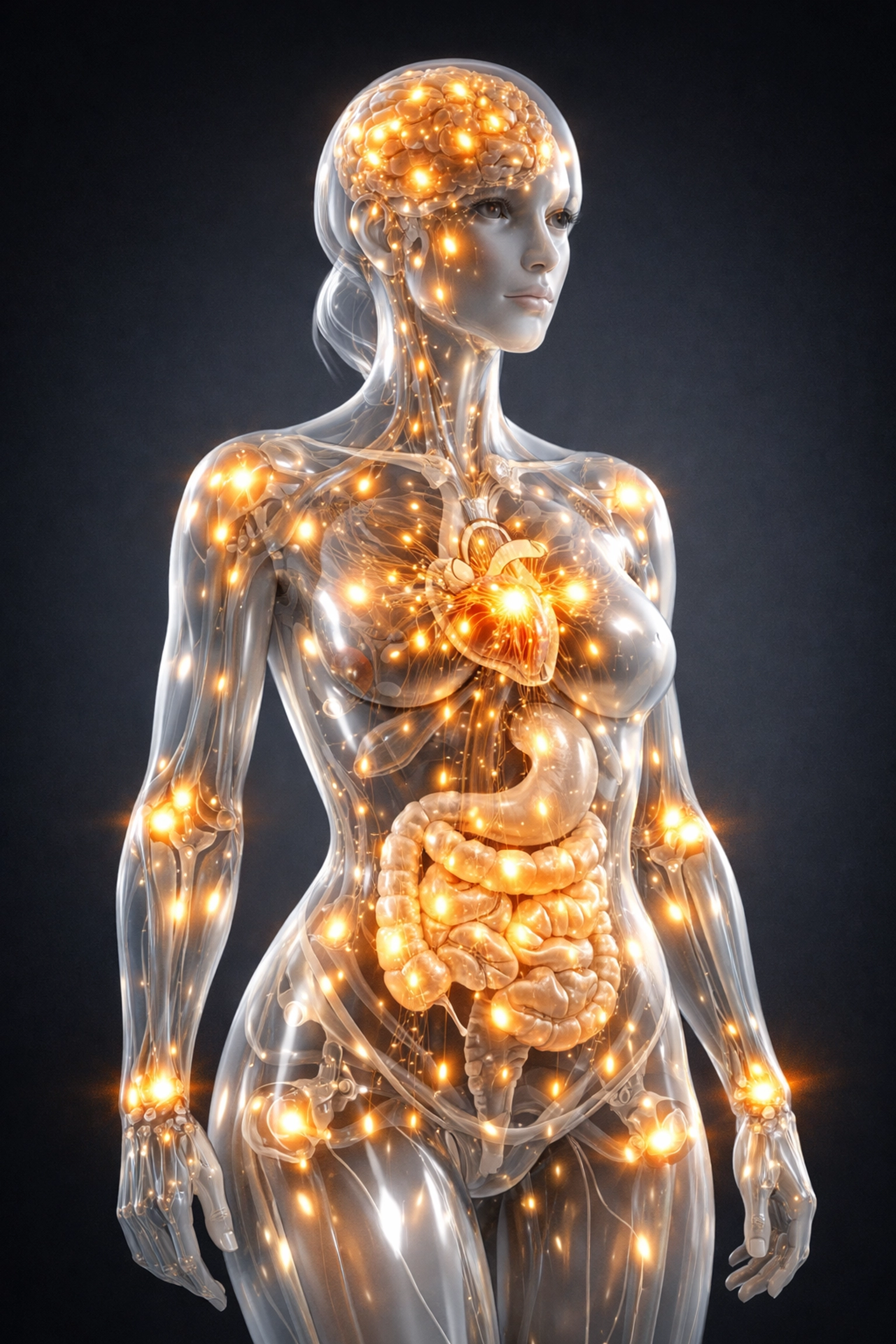 Anatomical view of estrogen receptors throughout the body to explain systemic perimenopause symptoms.