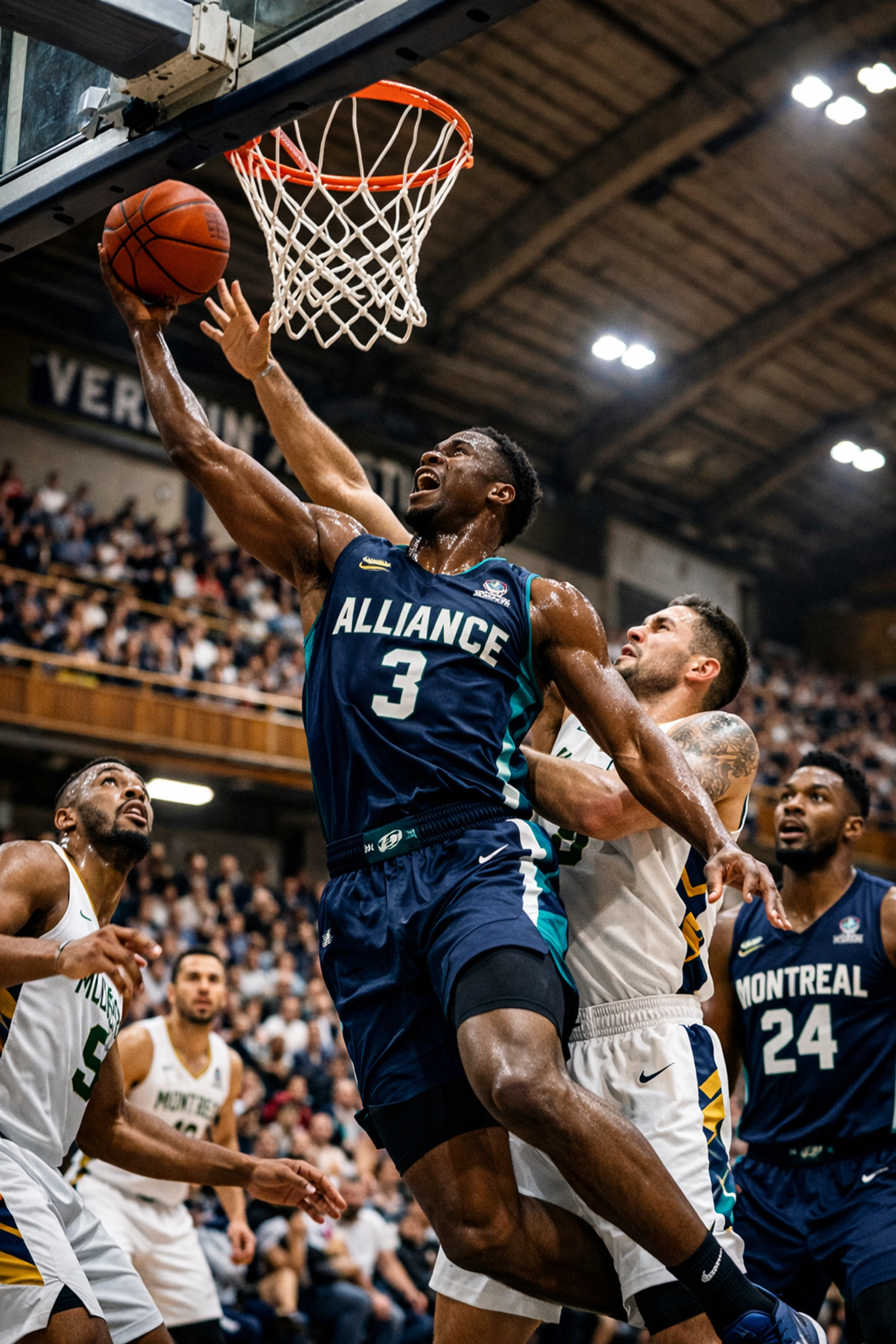 Fast-paced basketball action during a Montreal Alliance game at the historic Verdun Auditorium.