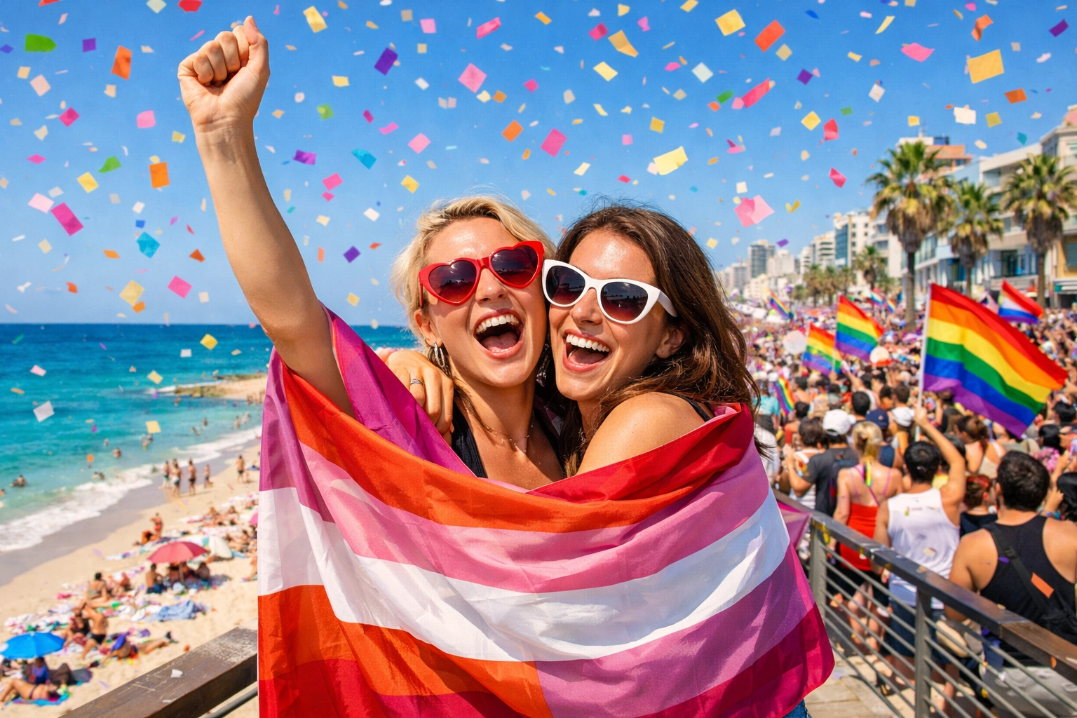 Two women celebrating with a pride flag at Tel Aviv Pride, showing LGBTQ+ representation and joy.