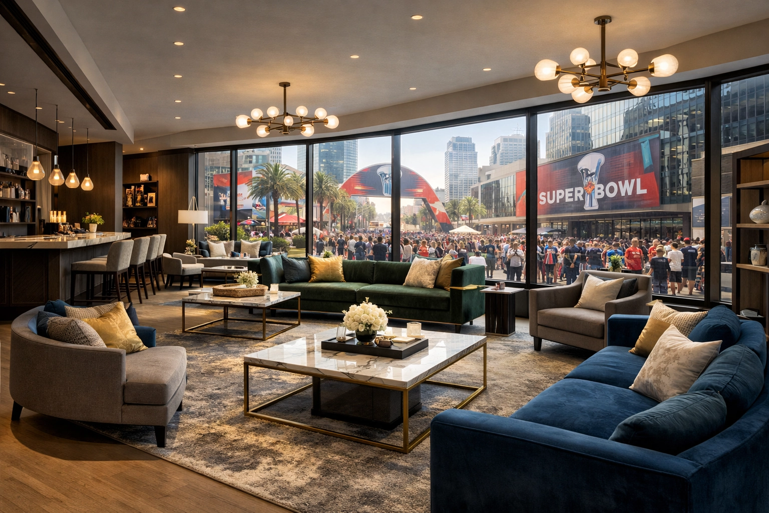 Upscale corporate lounge featuring luxury decor for strategic Super Bowl brand presence and networking.