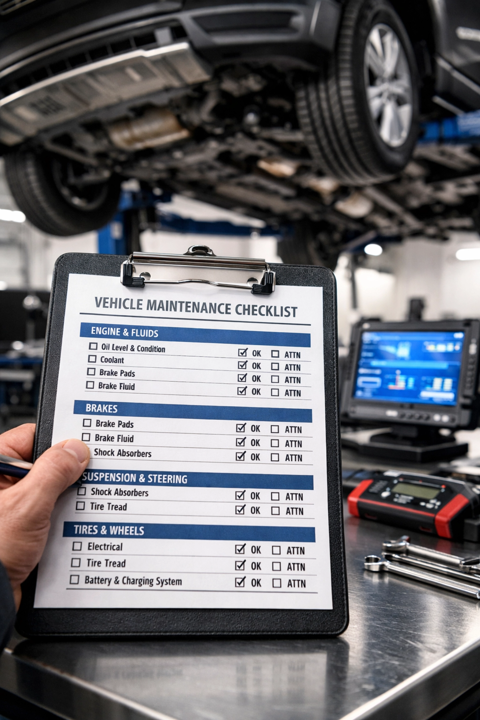 Professional vehicle maintenance inspection checklist and car lift at Raleigh auto shop