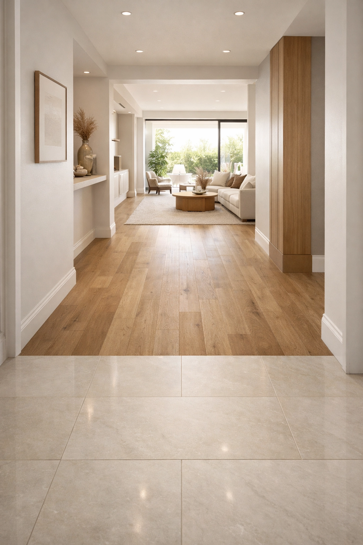 Professional floor remodeling in Orlando showing a seamless transition in a modern hallway.