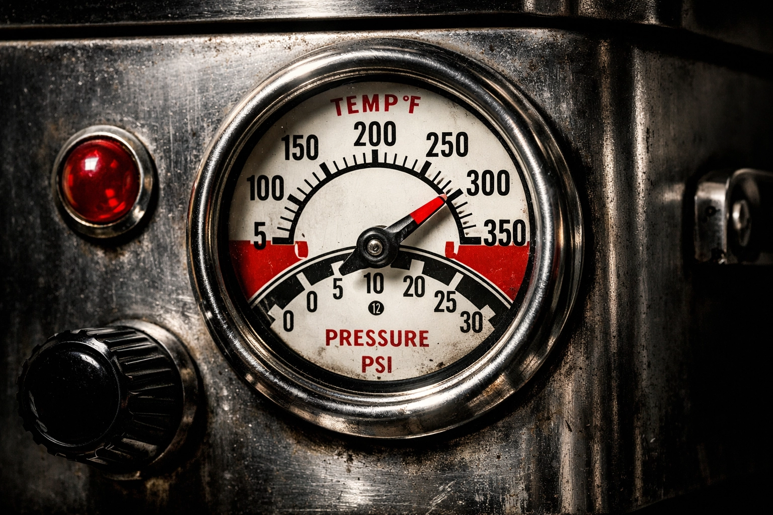 Equipment wear visual: crisp close-up of a vintage commercial kitchen dial and heavy-duty metal equipment showing age in a premium, high-contrast style