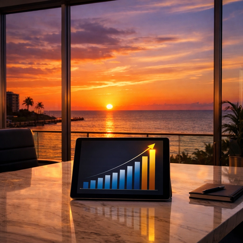 Growth chart on a tablet in a Florida office, symbolizing a successful business valuation and exit strategy.