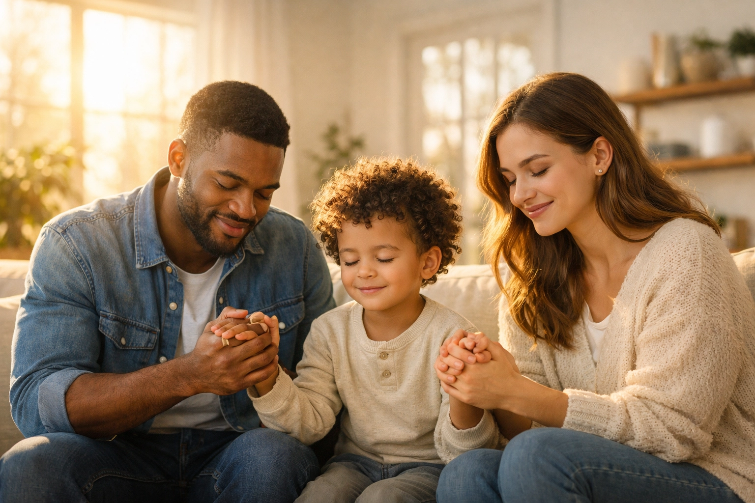 Christian family praying together at home, reflecting the joy and peace of the Holy Spirit's presence.