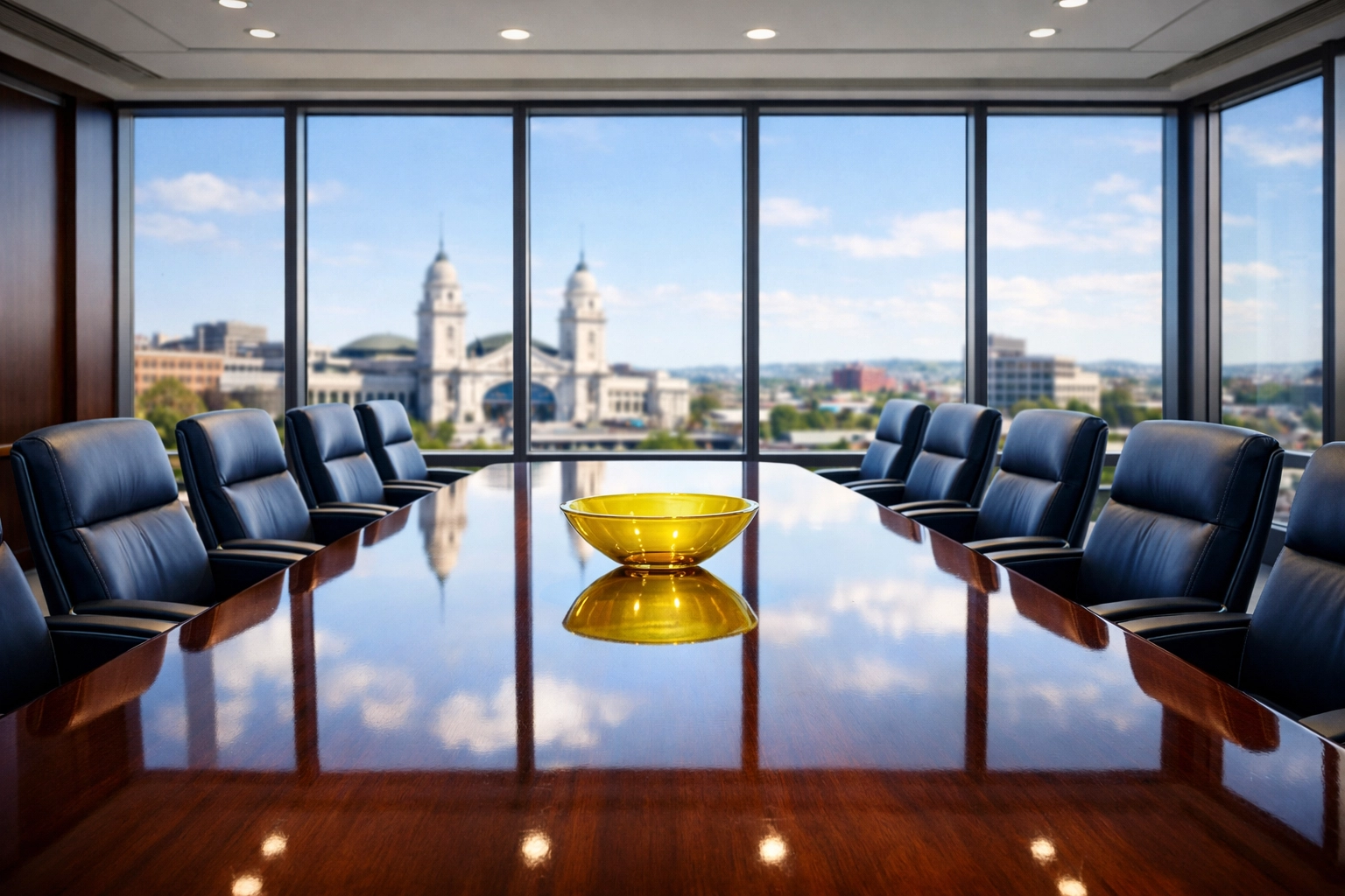 Impeccably clean luxury conference room in Worcester MA overlooking Union Station after deep cleaning.
