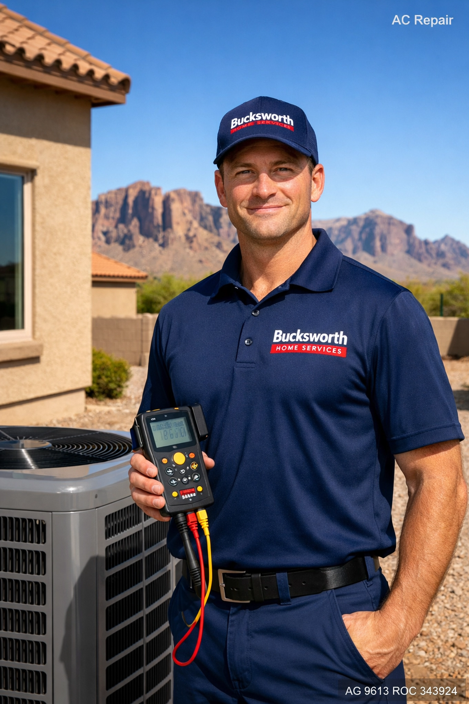 Bucksworth Home Services expert providing honest AC repair in Apache Junction AZ at a local residence.