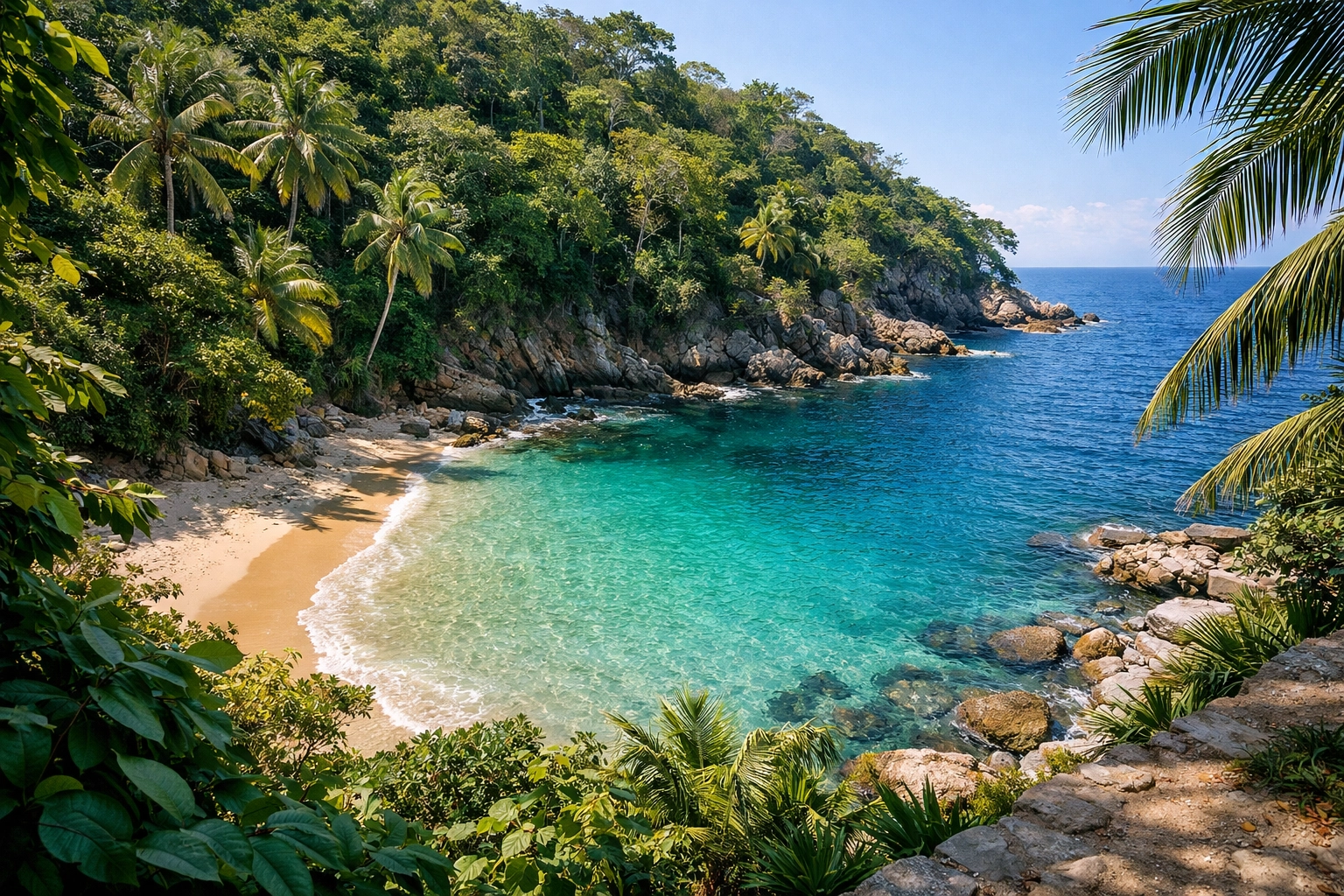 A hidden beach cove in Amapas, Puerto Vallarta, with clear turquoise water surrounded by lush tropical jungle.