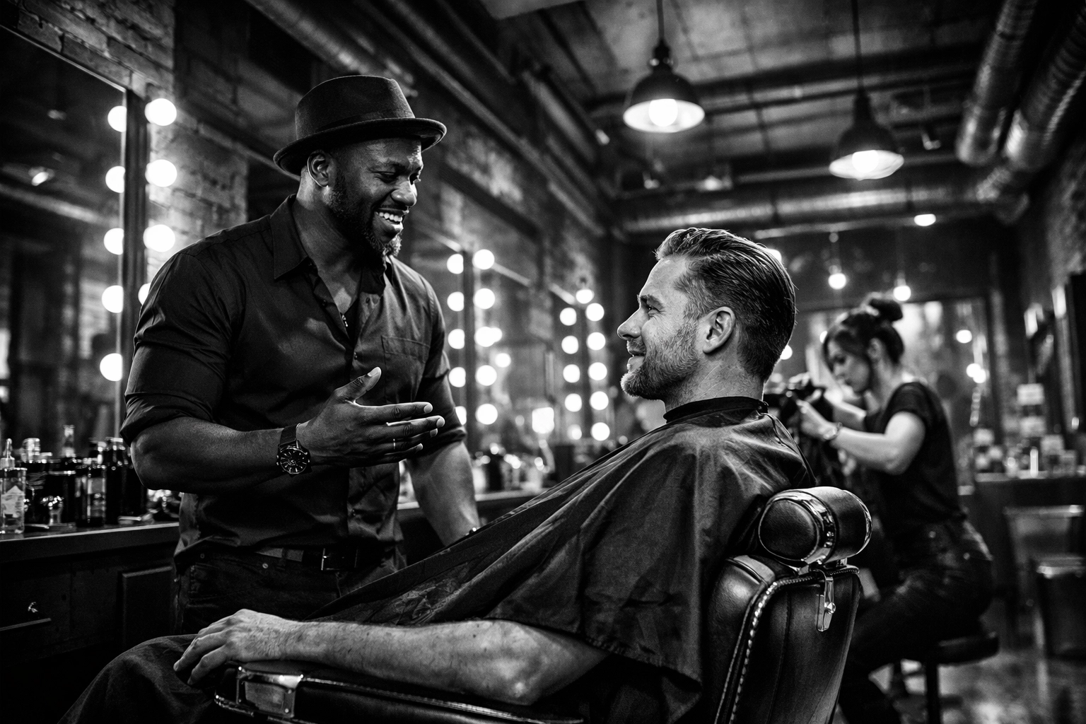 Interior of the modern X-Quisite Cutz barbershop in West Chester, featuring a professional and diverse team.