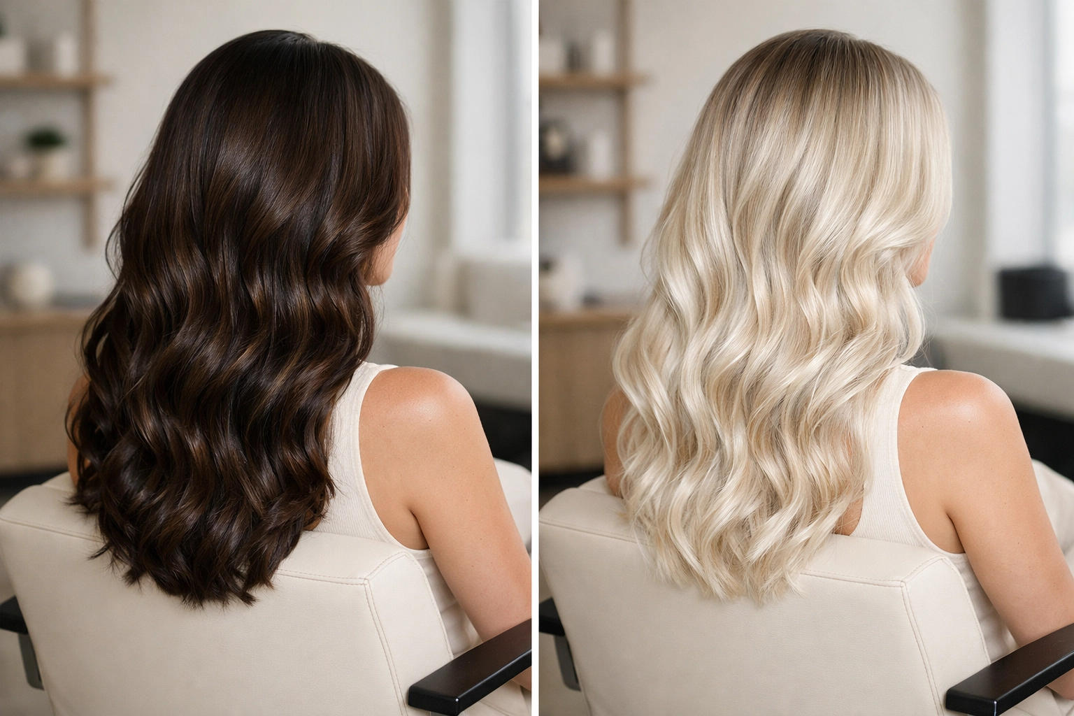 Before and after hair color transformation from brunette to blonde at our hair salon in Concord NH.