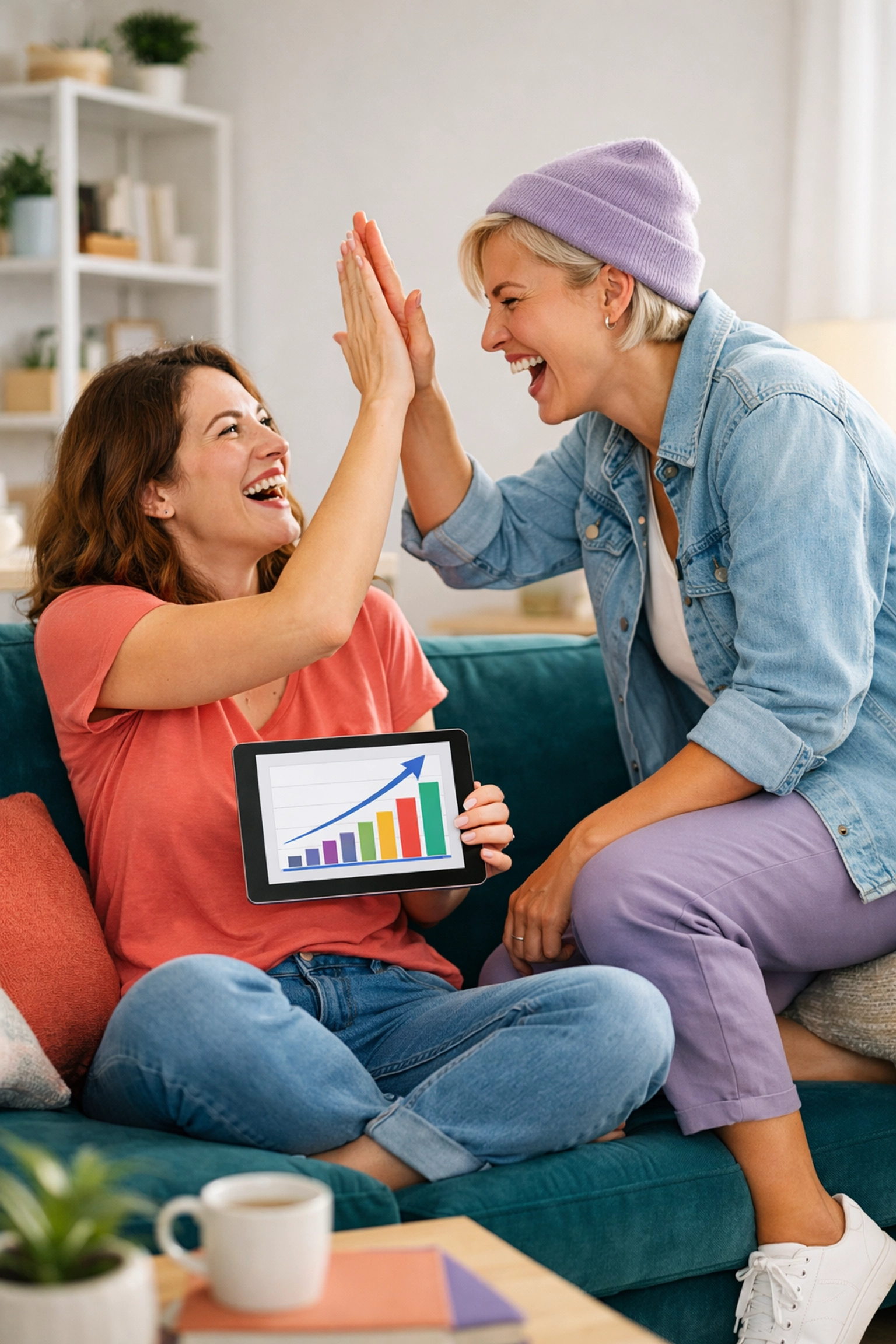 A lesbian couple celebrates high book royalties and a successful writing career while viewing sales on a tablet.