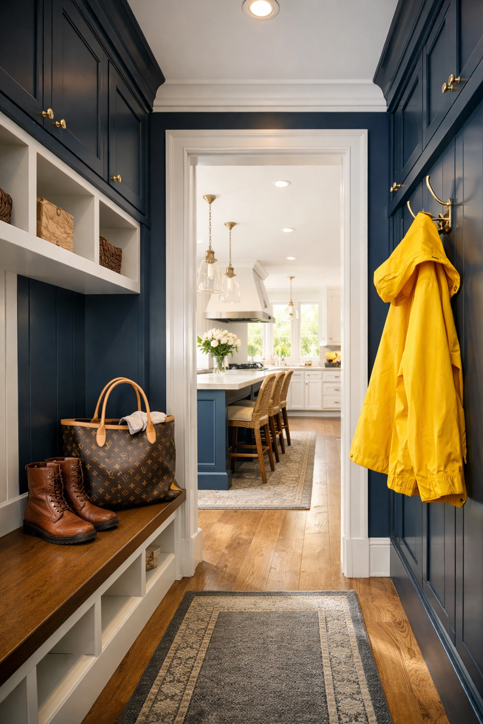 An organized mudroom in a Needham home, representing the stress-free life of bi-weekly cleaning.
