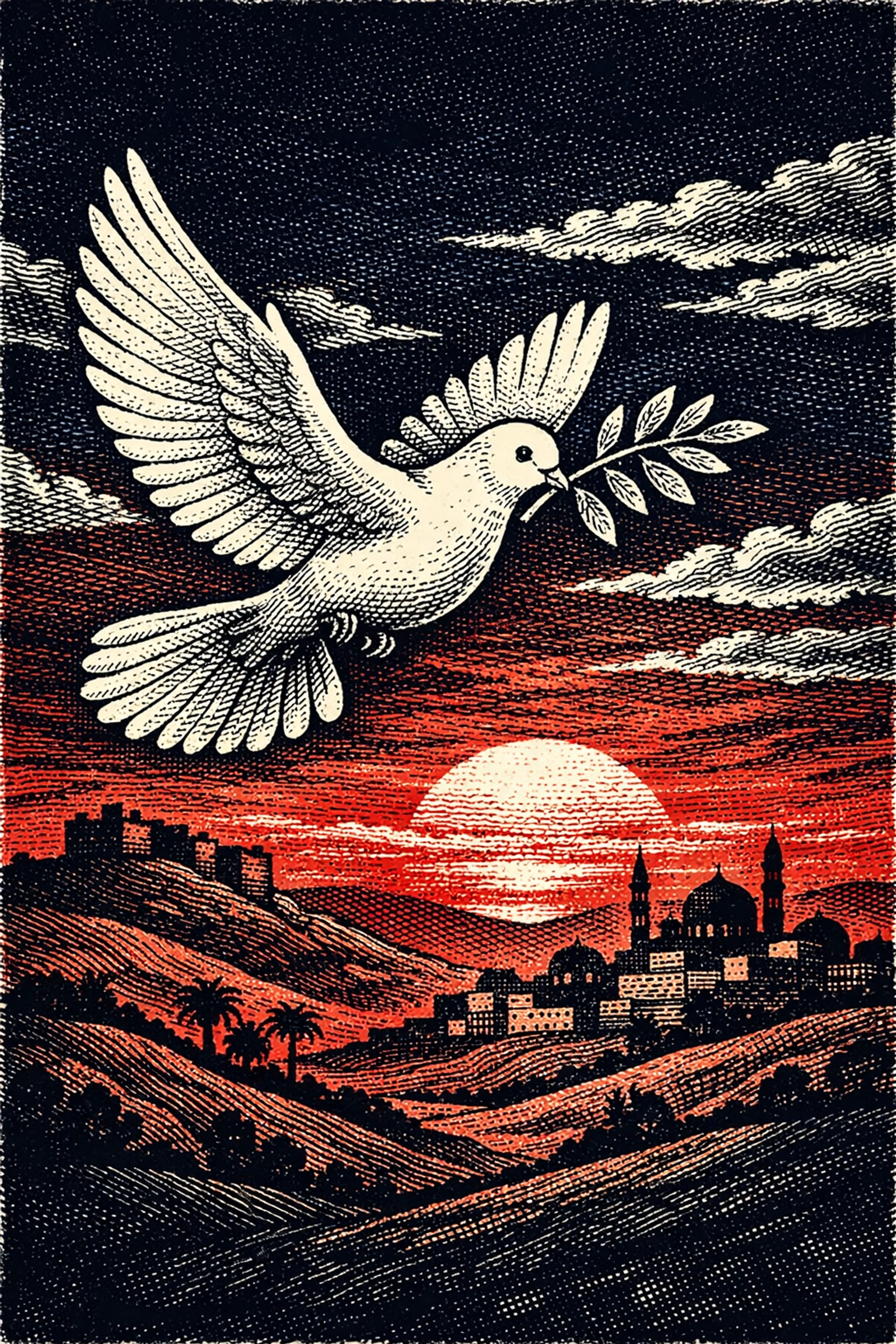 Dove carrying olive branch over Middle East landscape symbolizing hope for peace