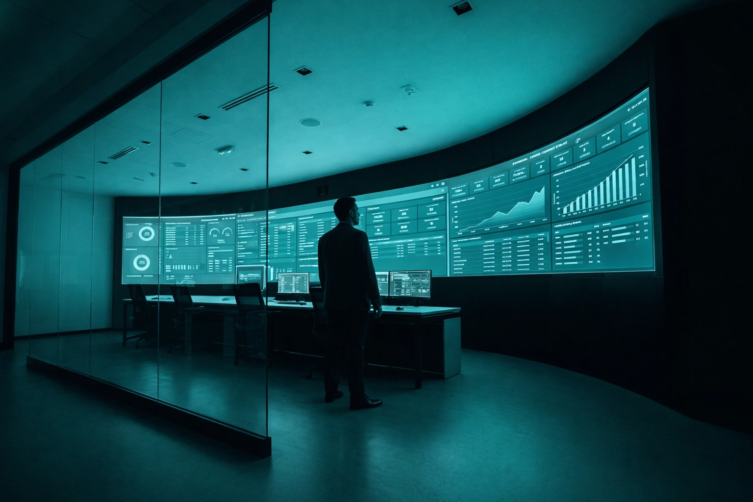 Project manager monitoring SAP migration dashboards in a high-tech operations center for execution planning
