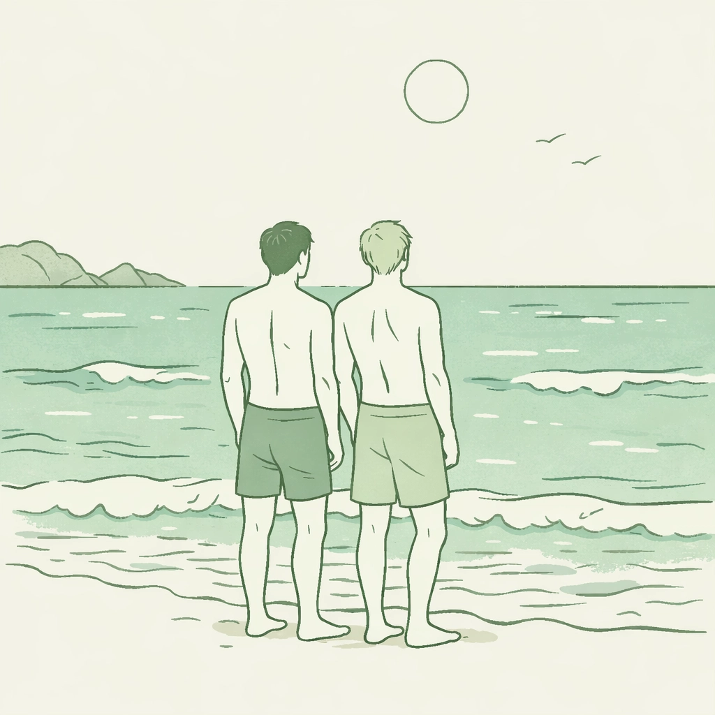 Two men at Es Cavallet naturist beach in Ibiza gazing at turquoise Mediterranean waters