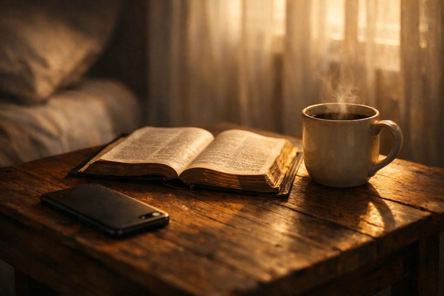 Open Bible and coffee mug on a bedside table at dawn for a peaceful morning reset.