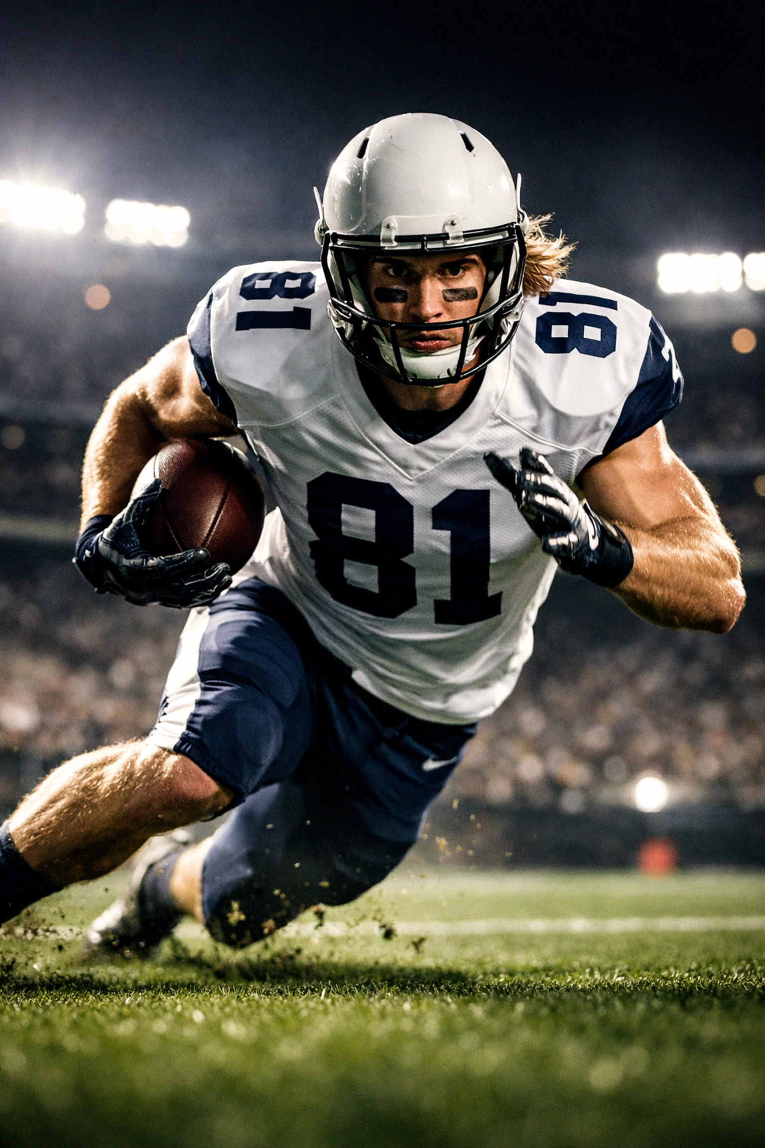 UConn wide receiver Skyler Bell sprinting on a turf field to create separation for the NFL Draft.