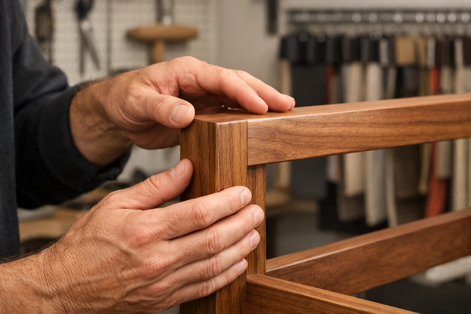 Furniture repair craftsman inspecting solid wood frame at Chattanooga upholstery shop