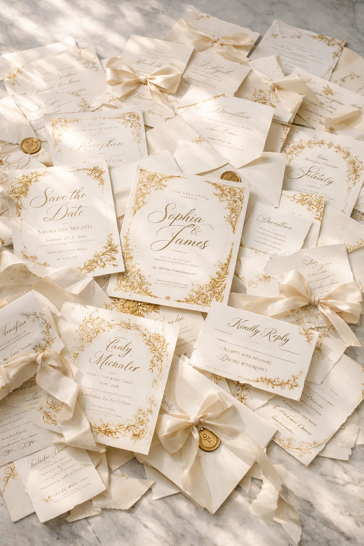 Traditional wedding invitations and RSVP cards on a marble table showing the complexity of paper planning.