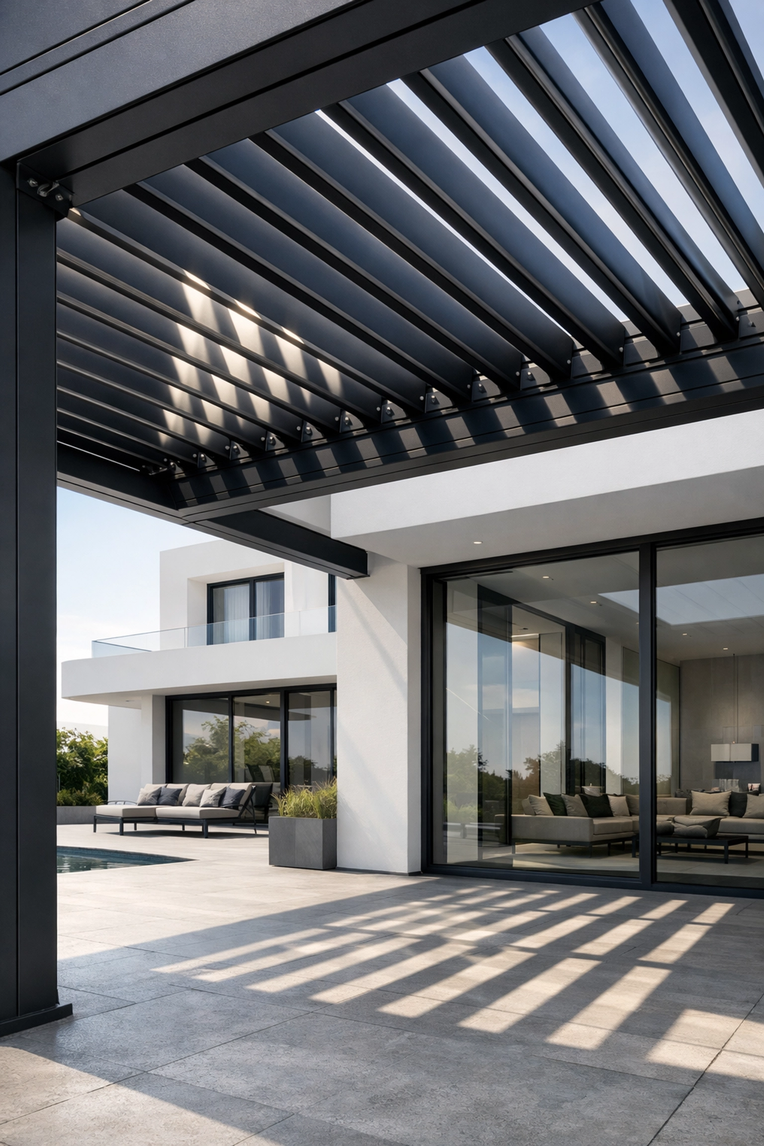 Modernes Lamellendach in Wien aus Aluminium auf einer minimalistischen Terrasse.