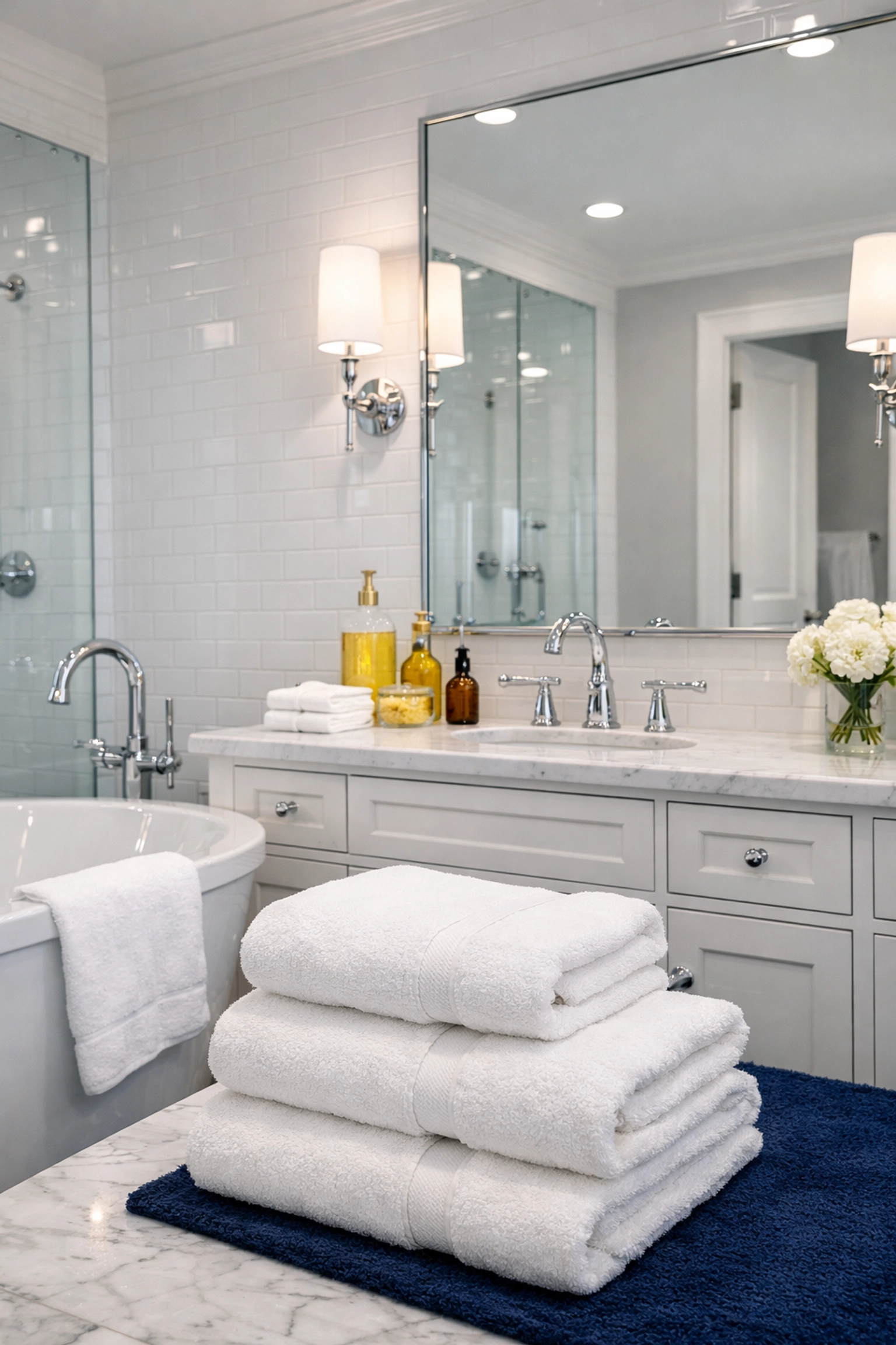 Sparkling luxury master bathroom in Acton cleaned with professional care to create a hygienic home sanctuary.