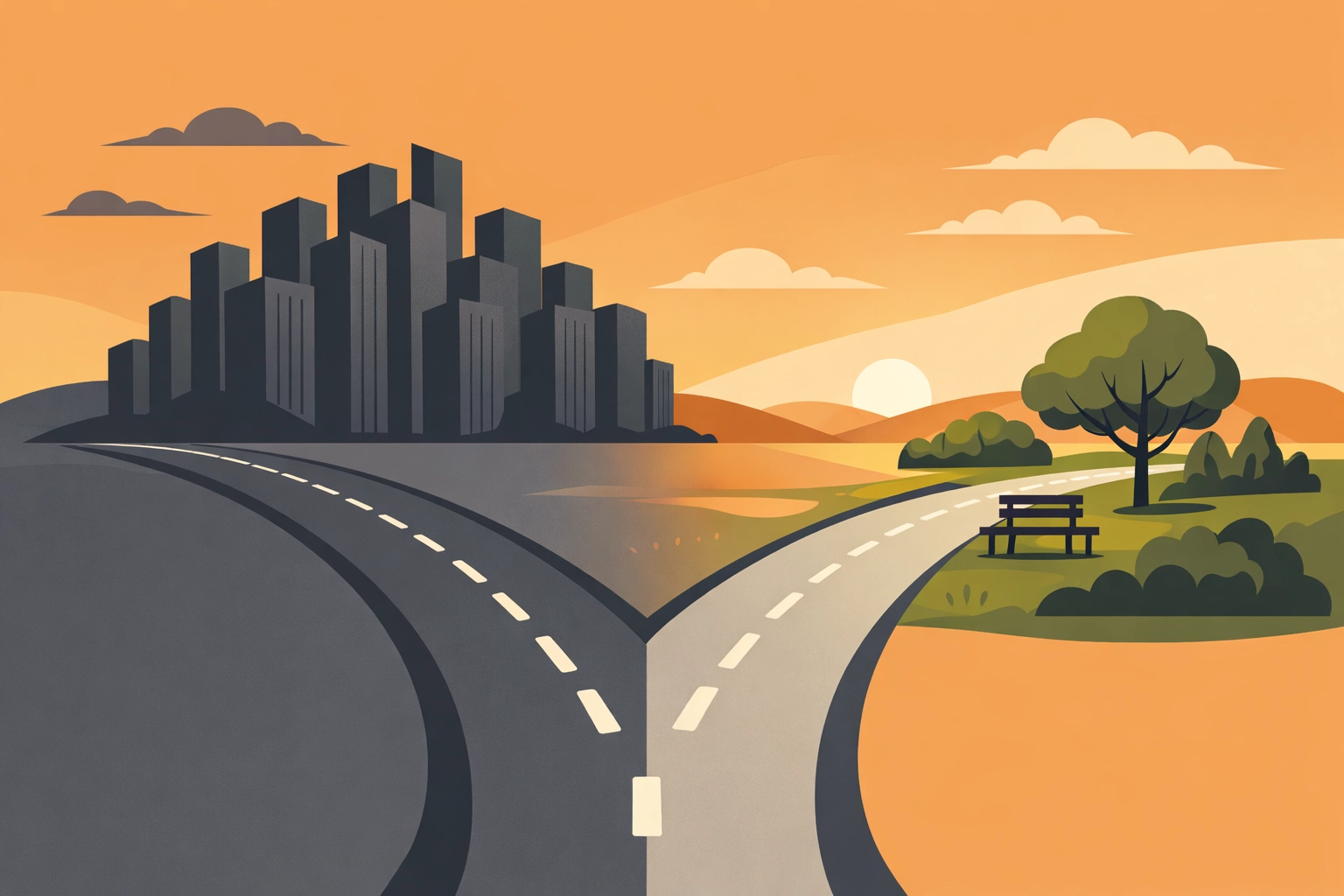 A fork in the road between rigid office towers and an open landscape symbolizing the future of work.