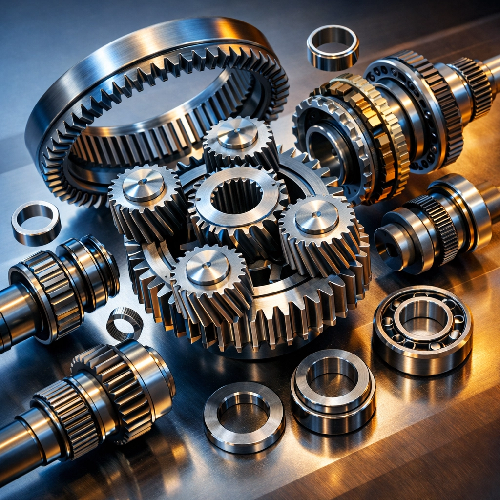 Close-up of internal transmission gears and planetary components requiring professional repair.