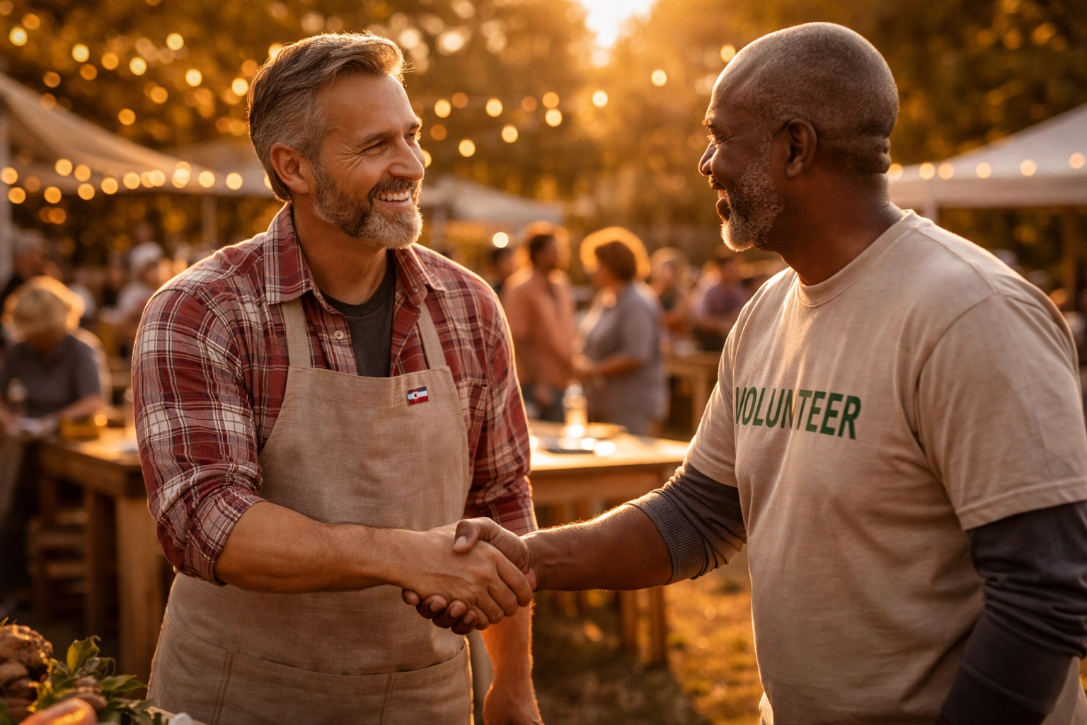 Missouri business owner and community volunteer shake hands at a charity event, symbolizing meaningful local sponsorship impact.