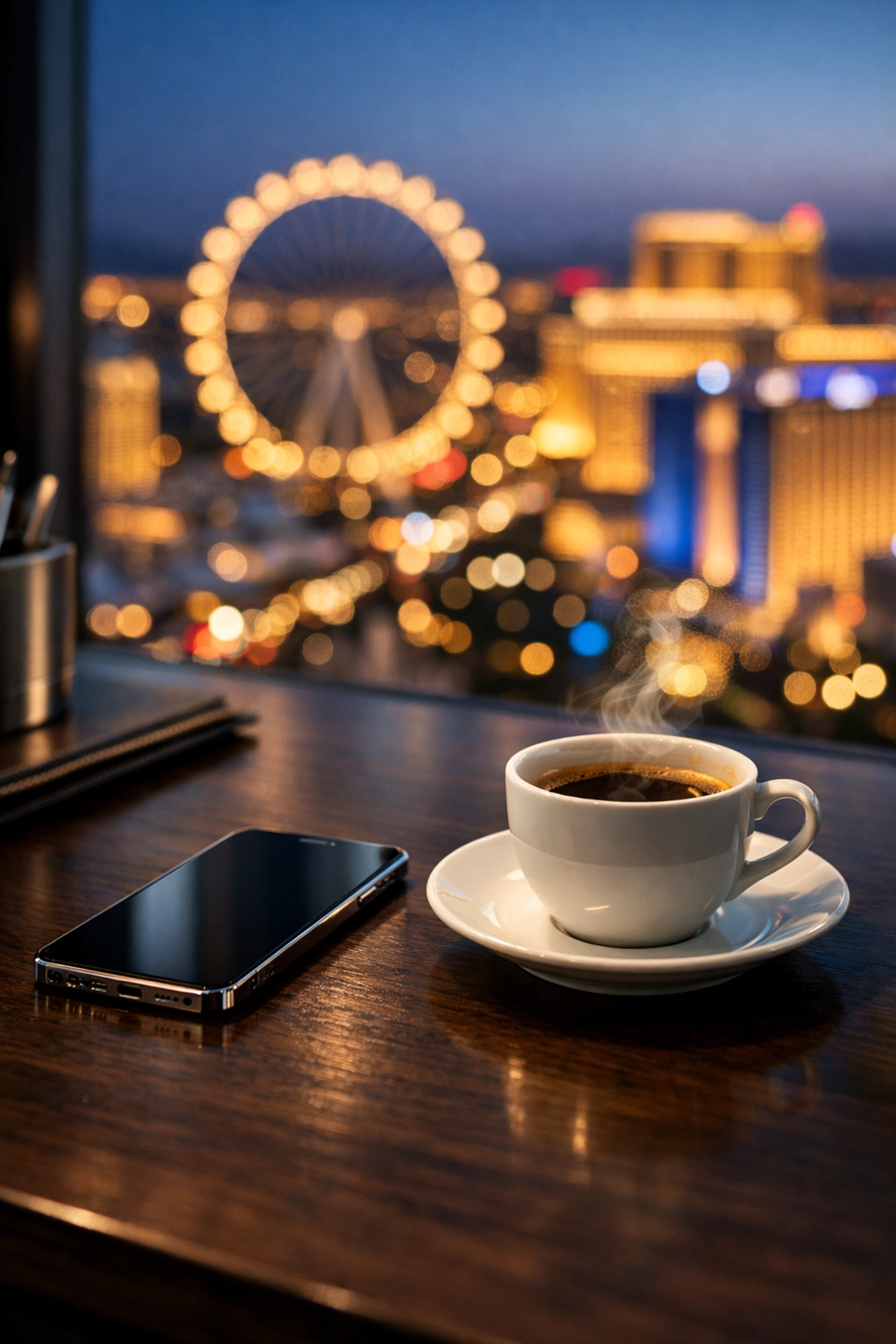 Executive office view of the Las Vegas Strip for business travelers managing time zones.