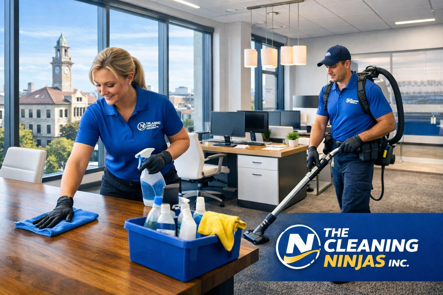 Professional office cleaning Worcester ensures a polished and sanitized conference room for local businesses. - Professional office cleaning Worcester crew disinfecting a modern conference room near Gateway Park