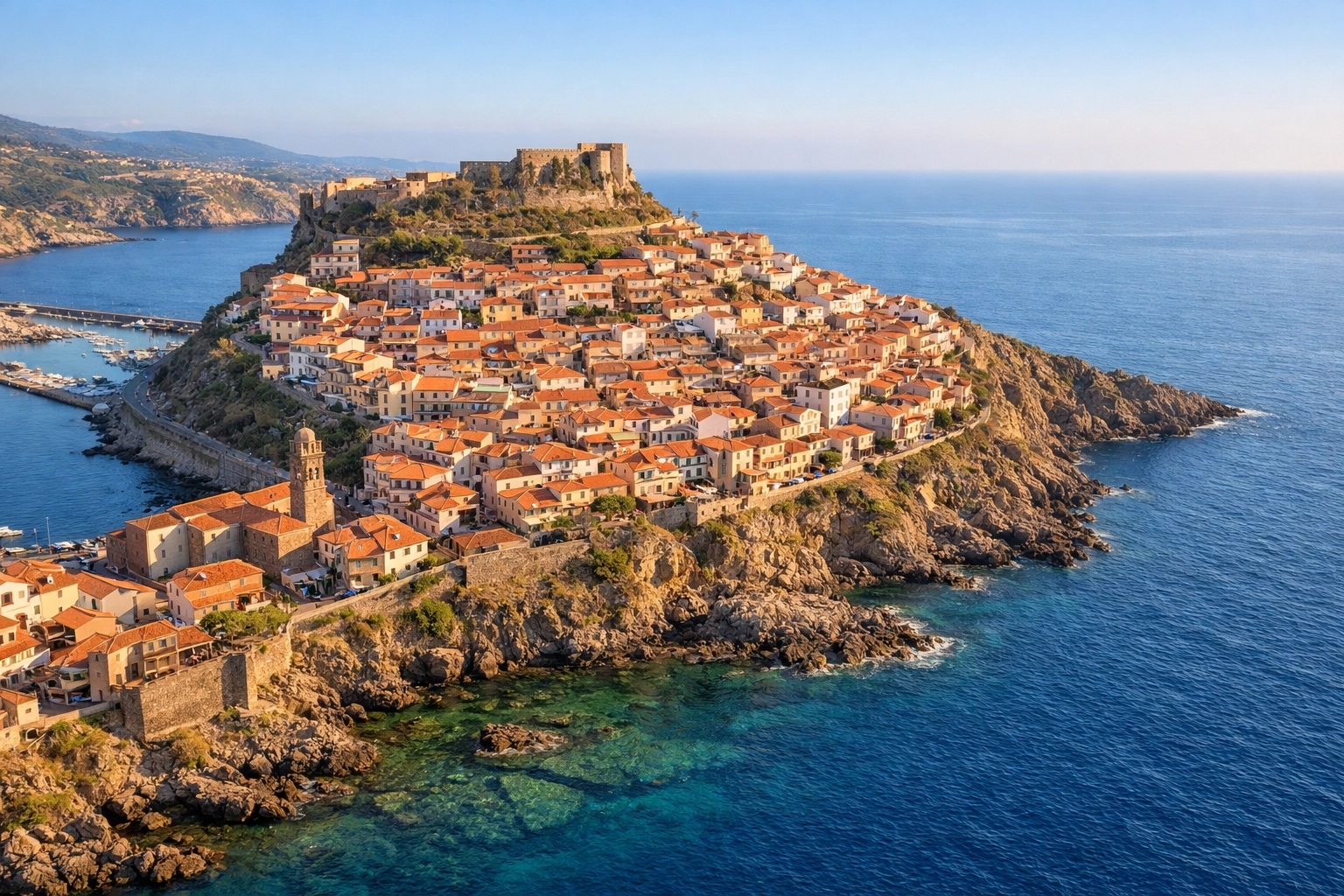 Aerial view of Castelsardo medieval fortress town on a rocky promontory with terracotta rooftops and the sea below
