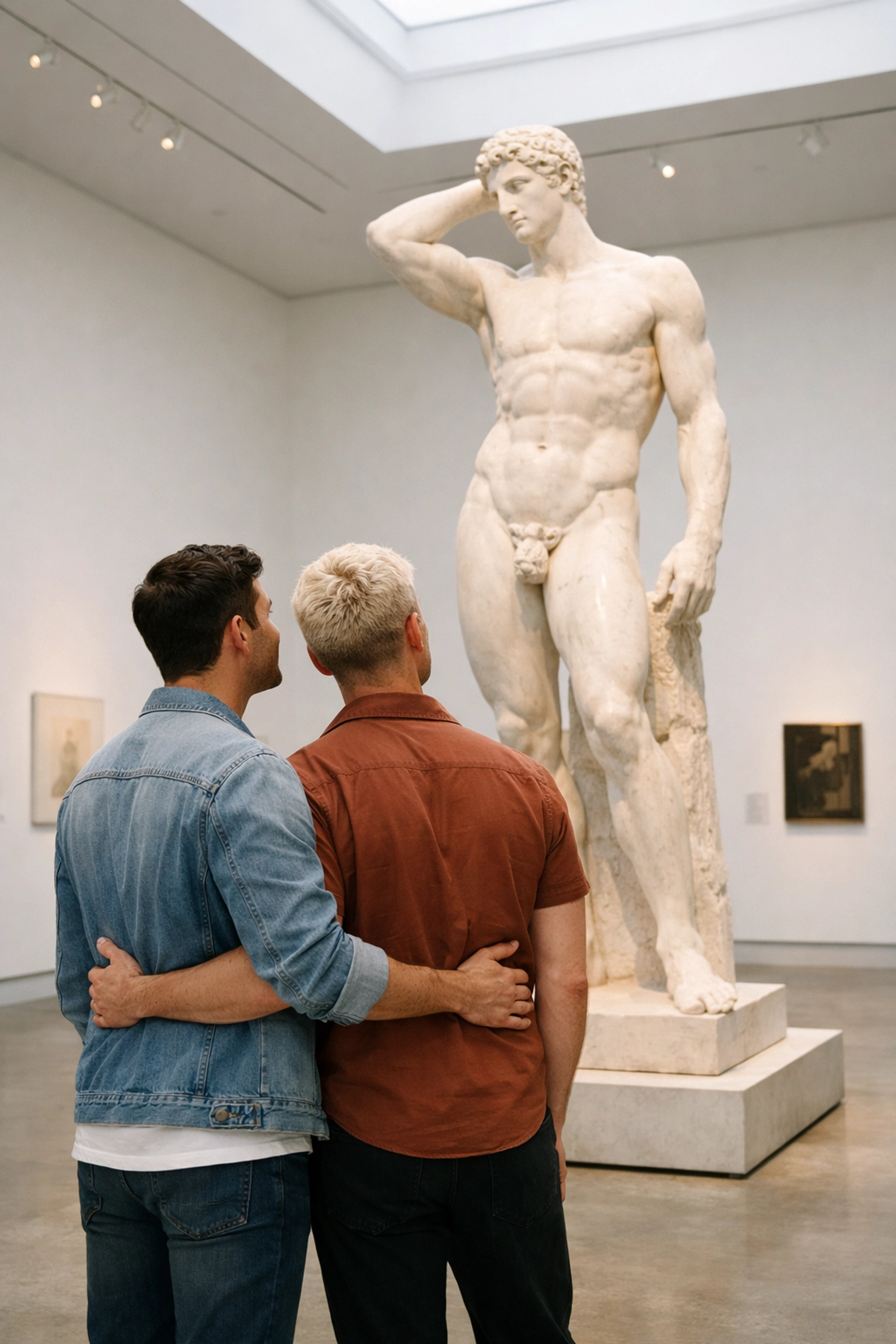 Modern gay couple viewing a classical male athlete sculpture in an art gallery.