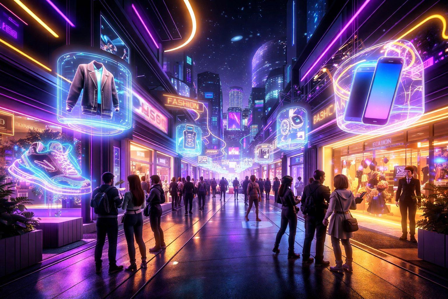 Vibrant metaverse shopping district with avatars browsing virtual storefronts, highlighting Larecoin’s Web3 retail solutions.