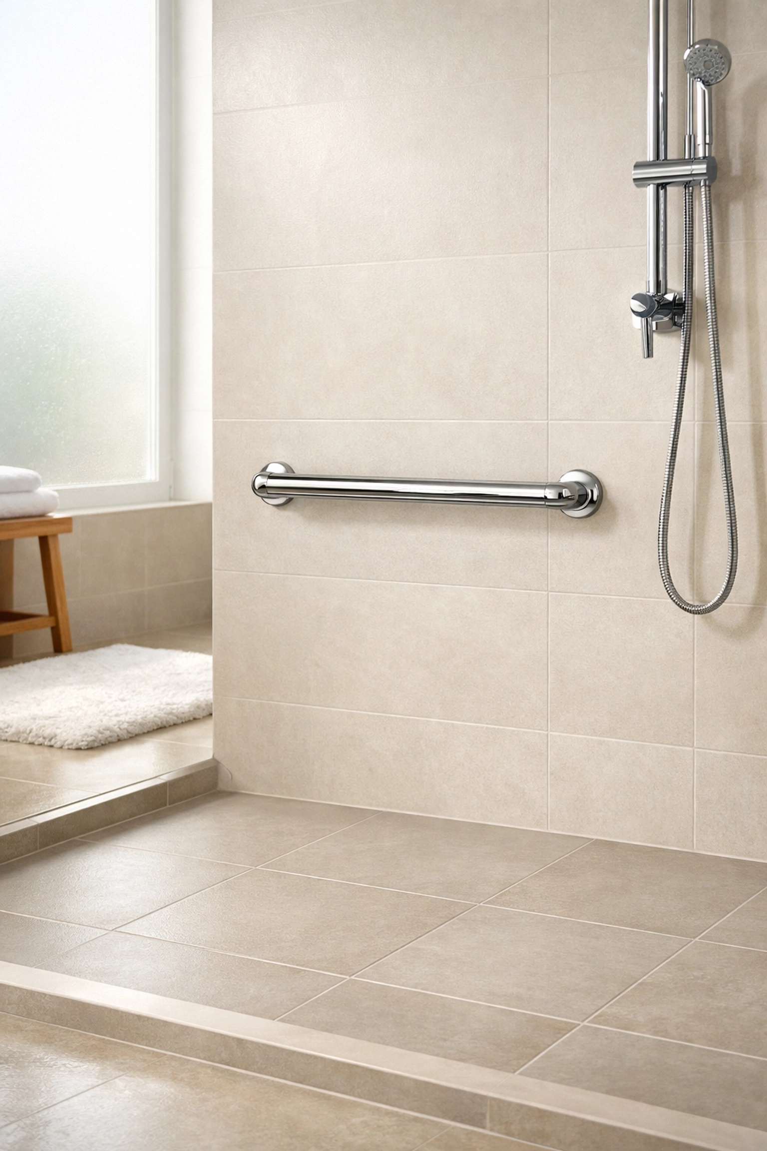 Modern bathroom with a walk-in shower, safety grab bar, and non-slip flooring to prevent falls.