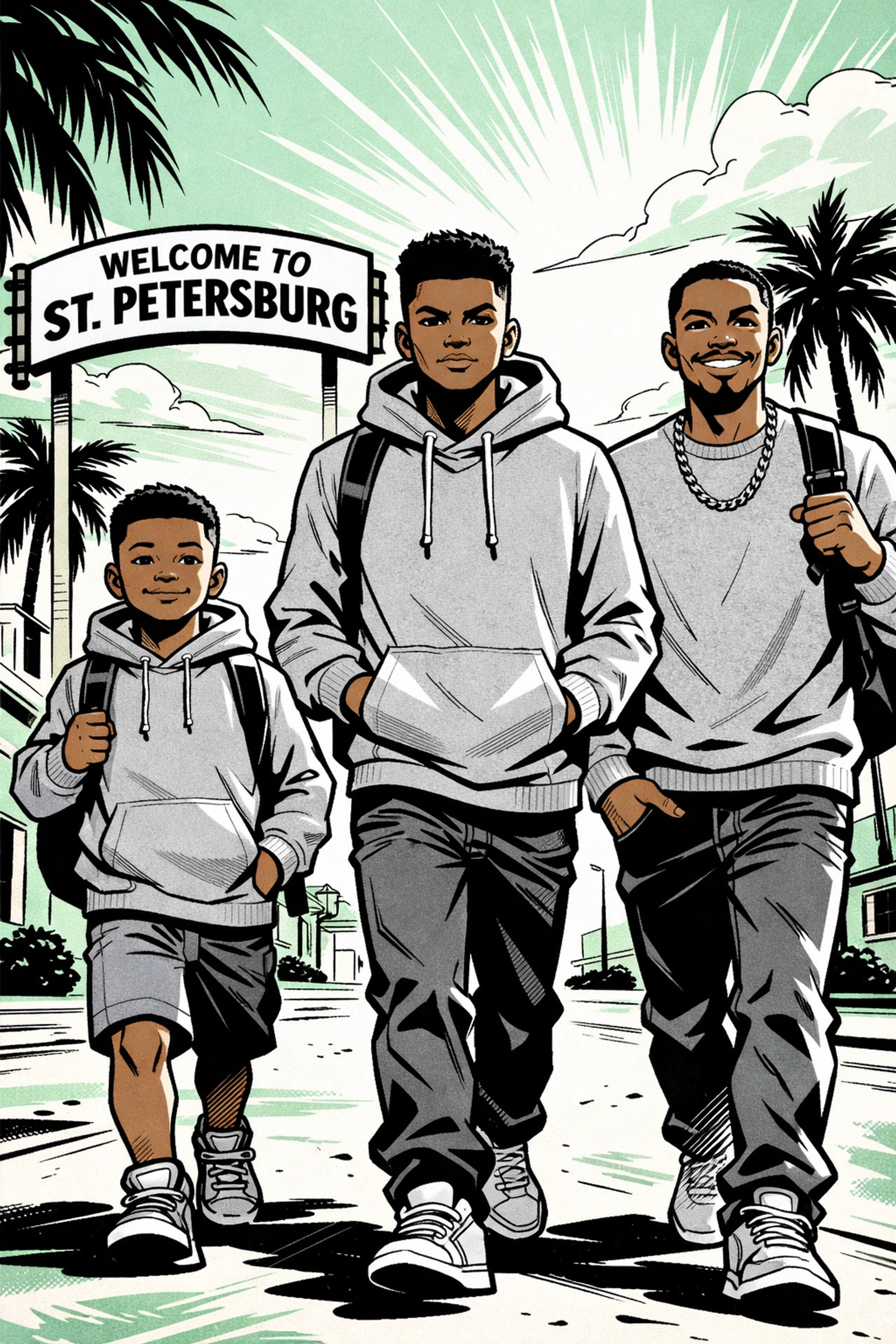 Black men and boys wearing Athletic Heather hoodies from the Competitive Scholars Collection.