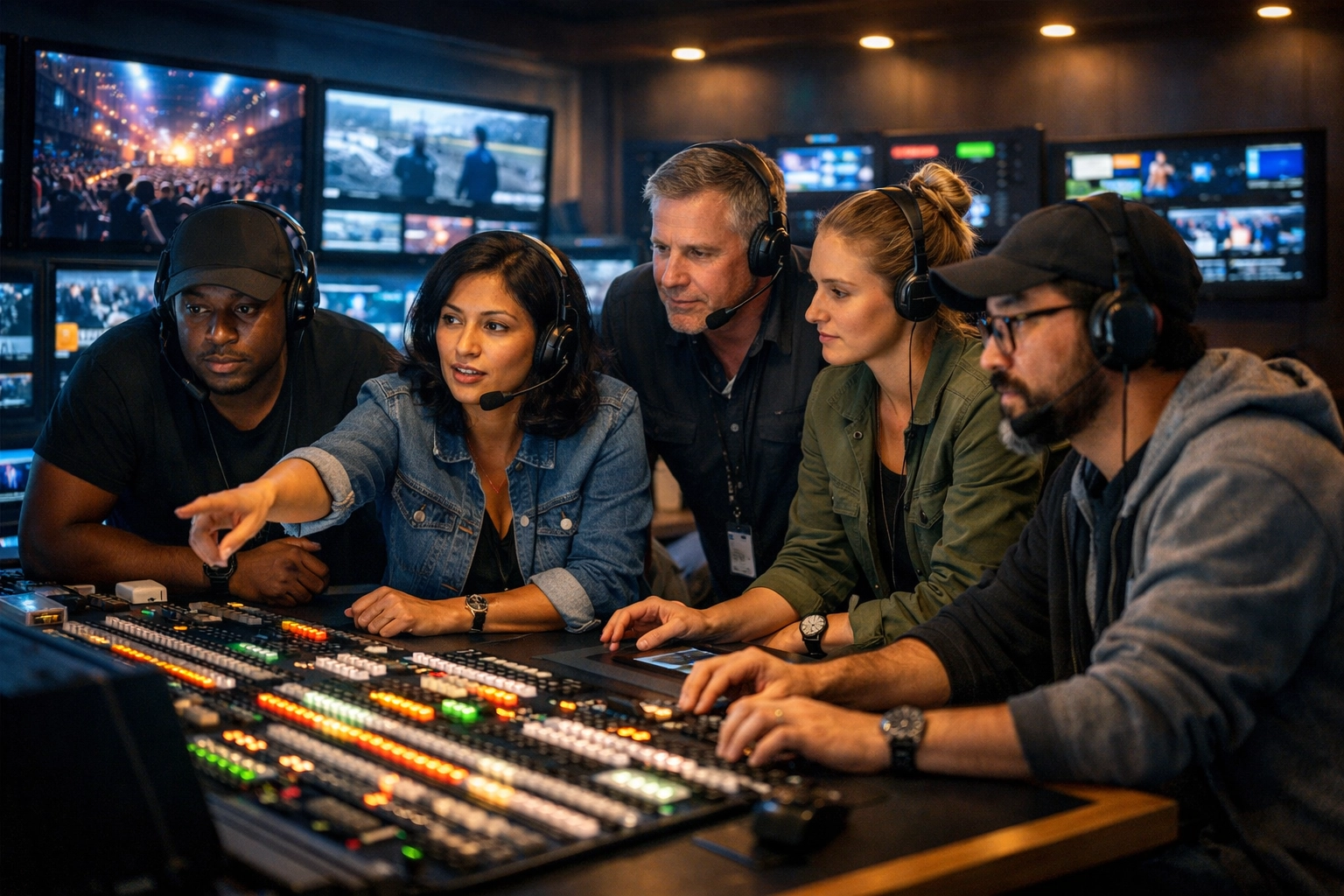 Dakdan Worldwide media production team collaborating in a high-tech broadcast control room for event excellence.